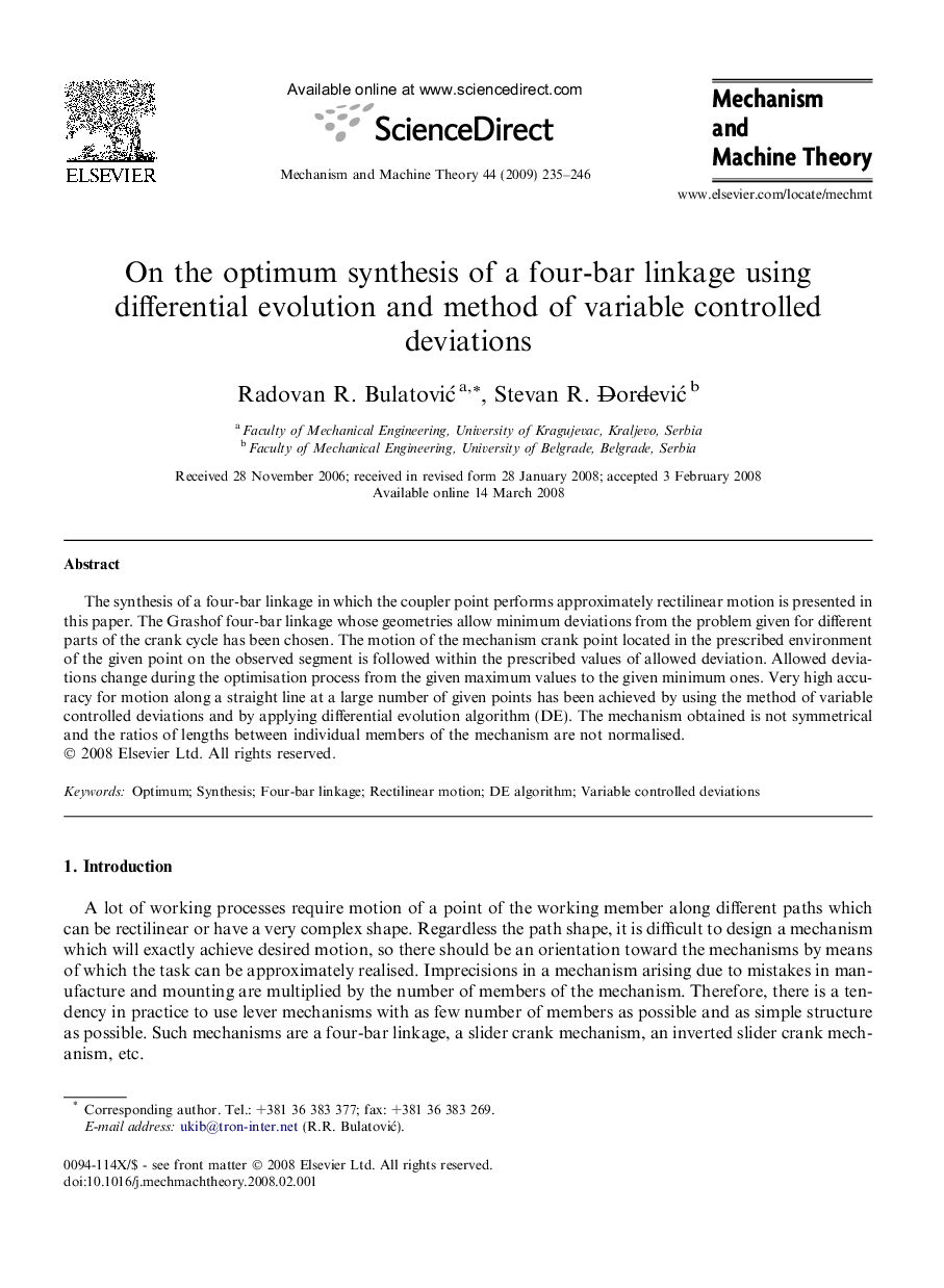 On the optimum synthesis of a four-bar linkage using differential evolution and method of variable controlled deviations