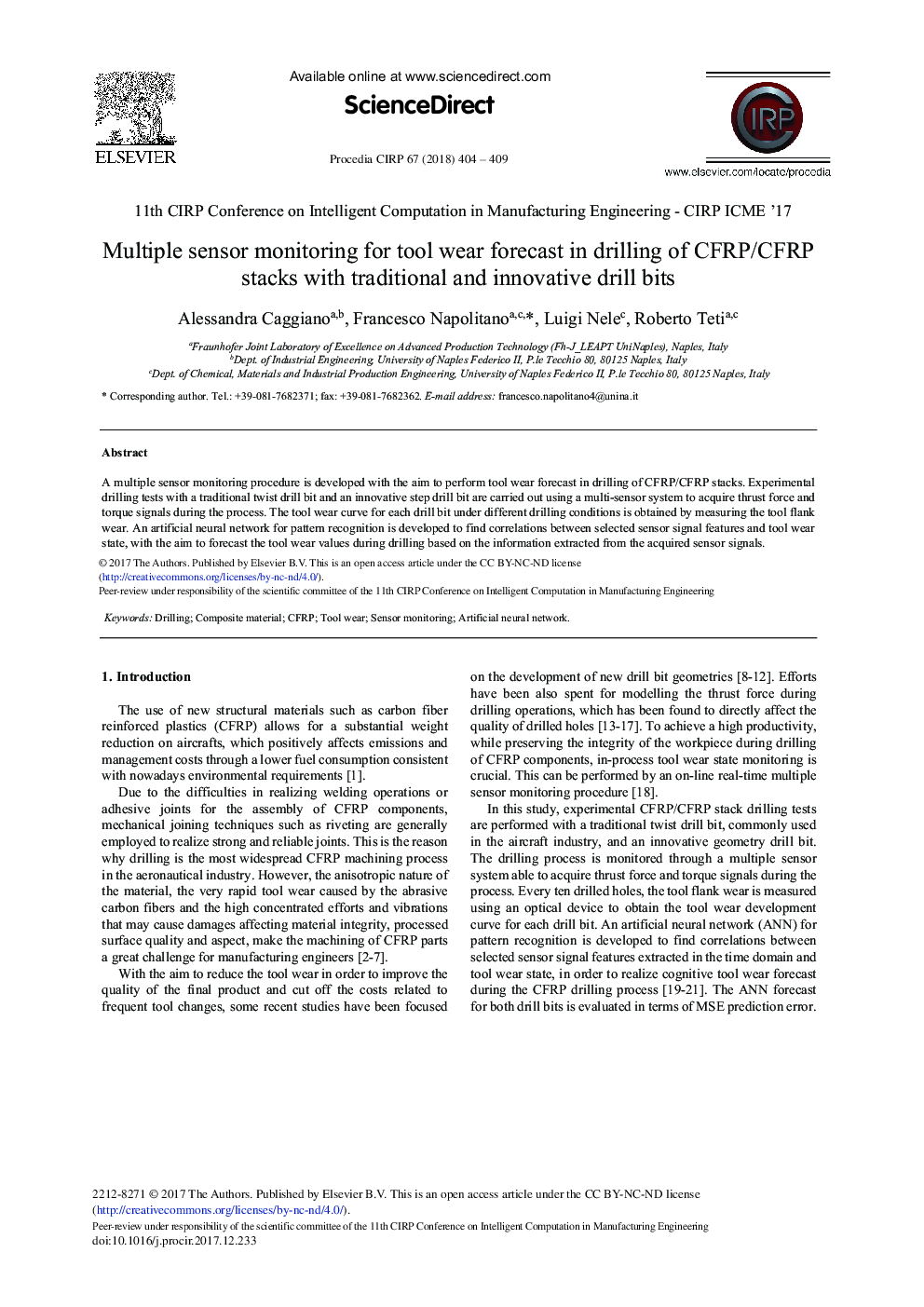 Multiple Sensor Monitoring for Tool Wear Forecast in Drilling of CFRP/CFRP Stacks with Traditional and Innovative Drill Bits