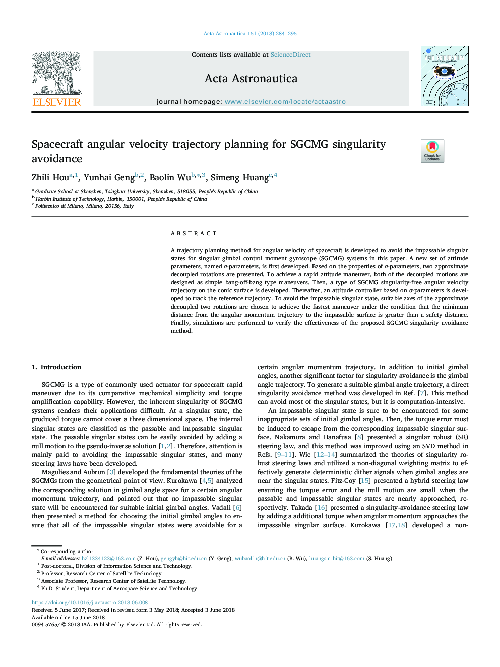 Spacecraft angular velocity trajectory planning for SGCMG singularity avoidance