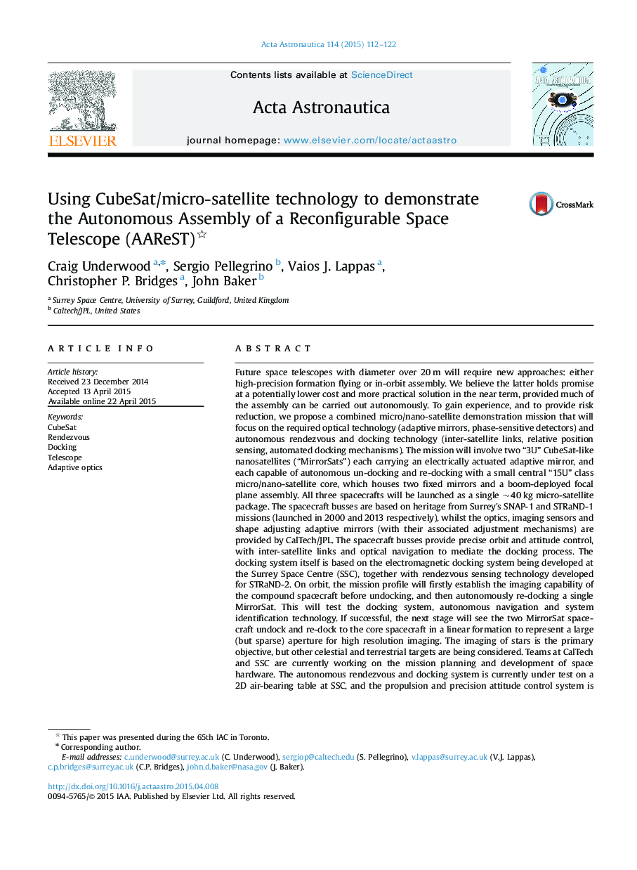 Using CubeSat/micro-satellite technology to demonstrate the Autonomous Assembly of a Reconfigurable Space Telescope (AAReST)
