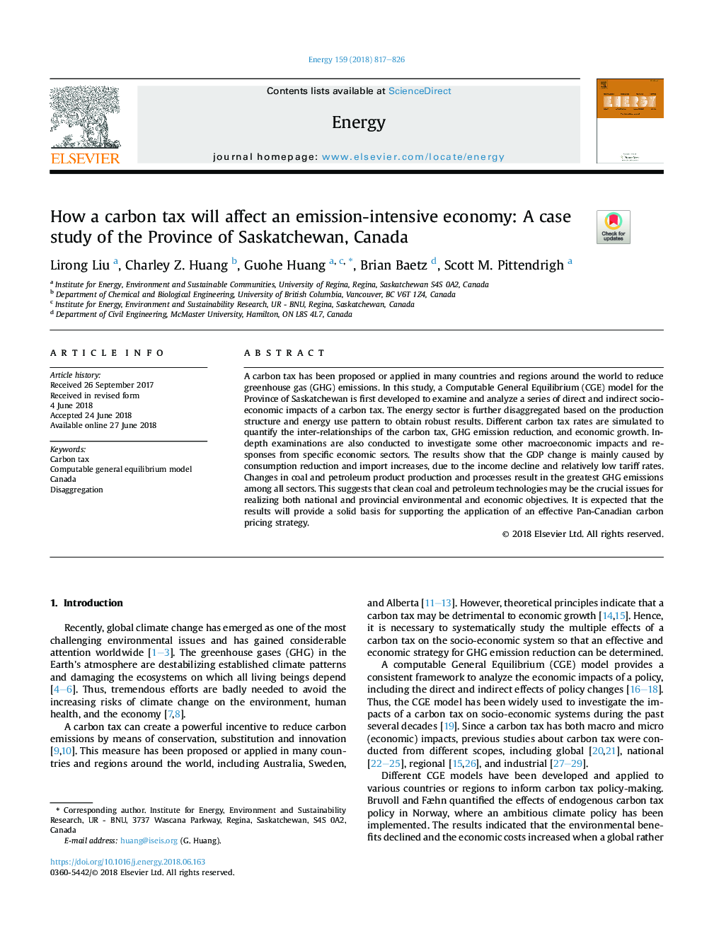 چگونه یک مالیات بر کربن بر اقتصاد تاثیرگذار بر انتشار تاثیر می گذارد: مطالعه موردی استان ساسکاچوان، کانادا 
