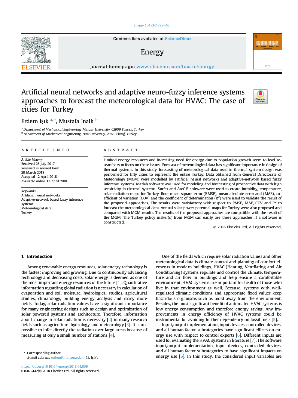 شبکه های عصبی مصنوعی و سیستم های استنتاج فازی سازگار برای پیش بینی داده های هواشناسی برای سیستم های تهویه مطبوع: مورد شهرهای ترکیه 