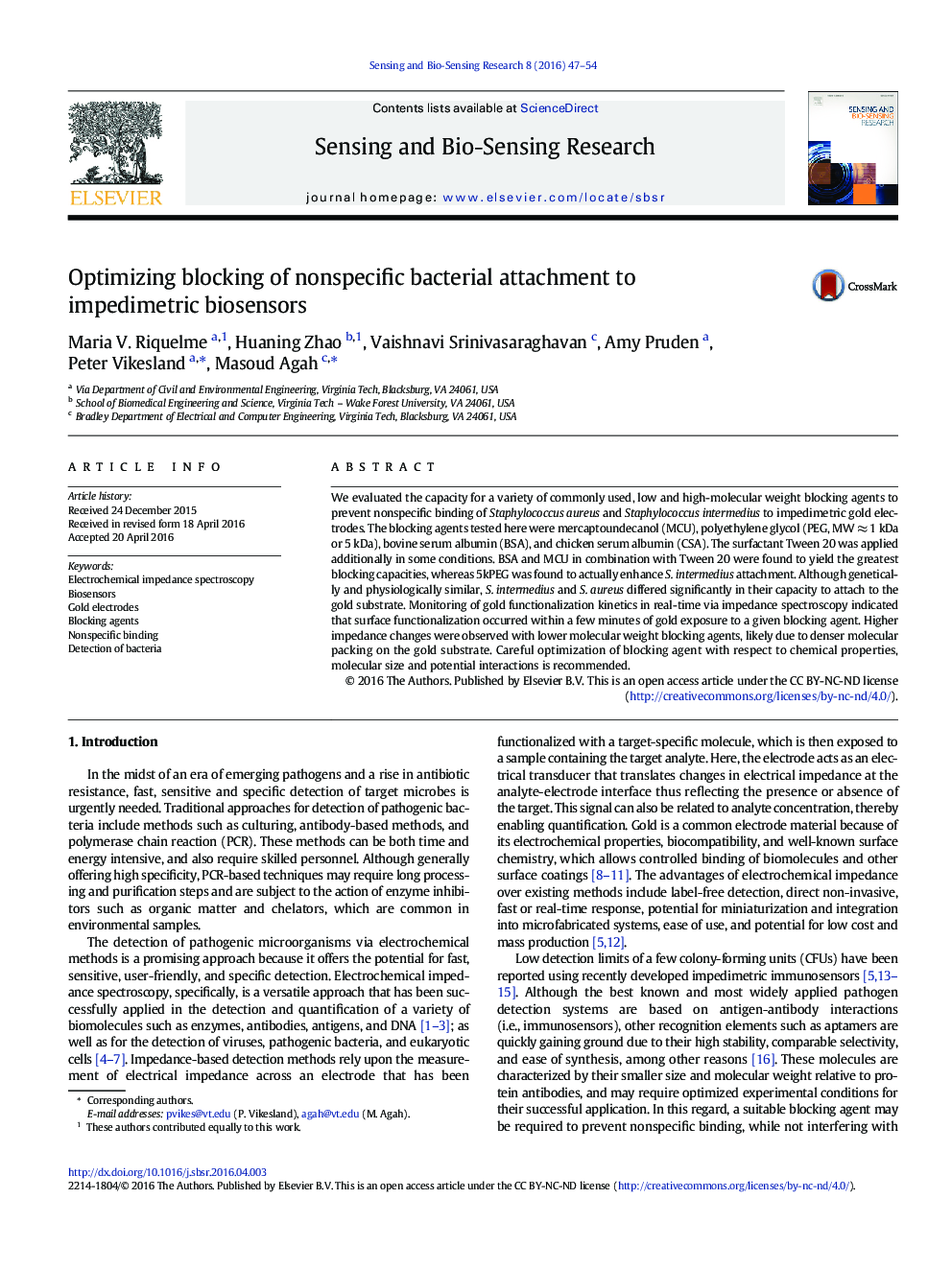 Optimizing blocking of nonspecific bacterial attachment to impedimetric biosensors