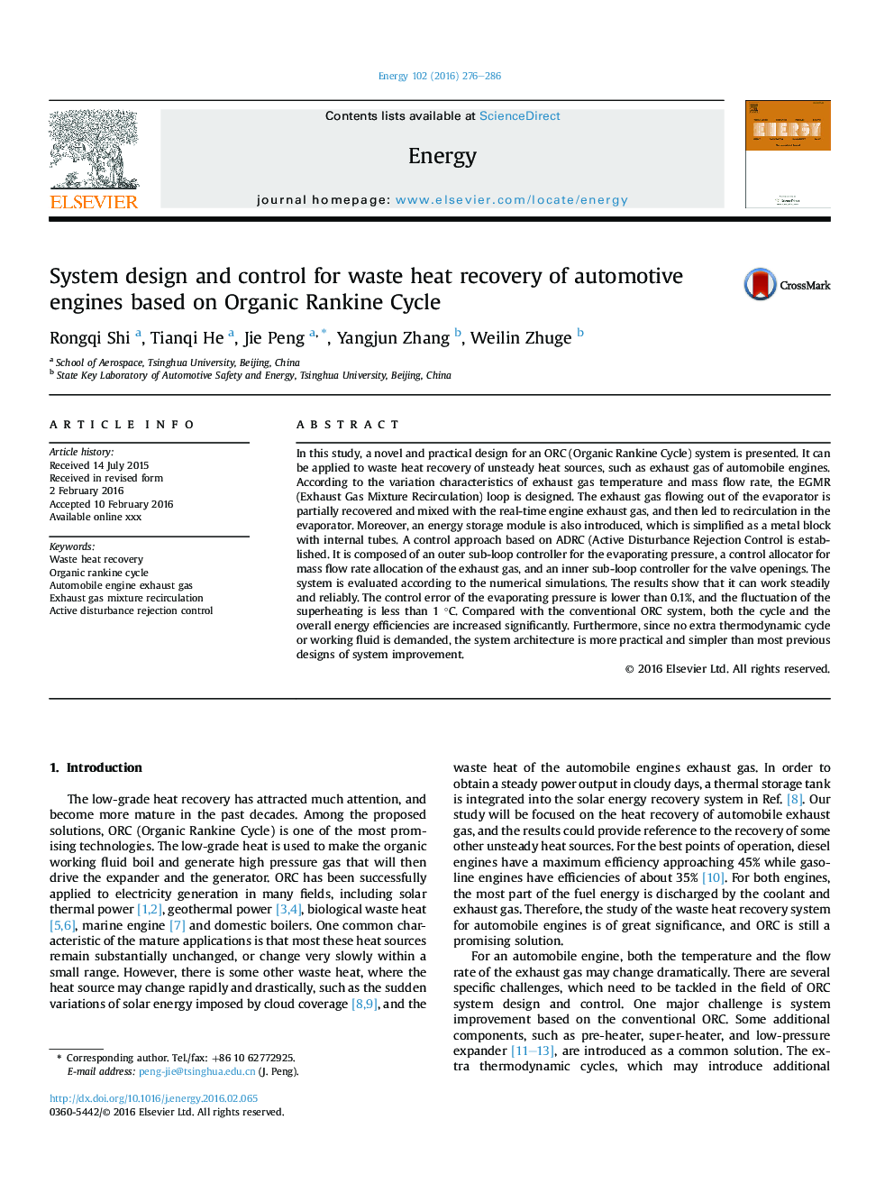 System design and control for waste heat recovery of automotive engines based on Organic Rankine Cycle