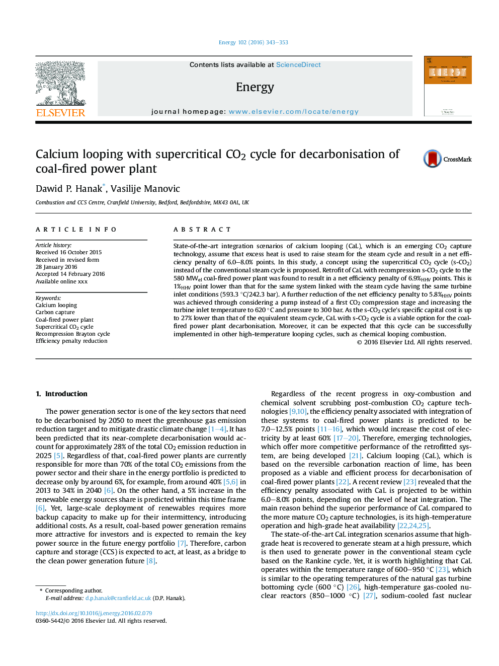 Calcium looping with supercritical CO2 cycle for decarbonisation of coal-fired power plant