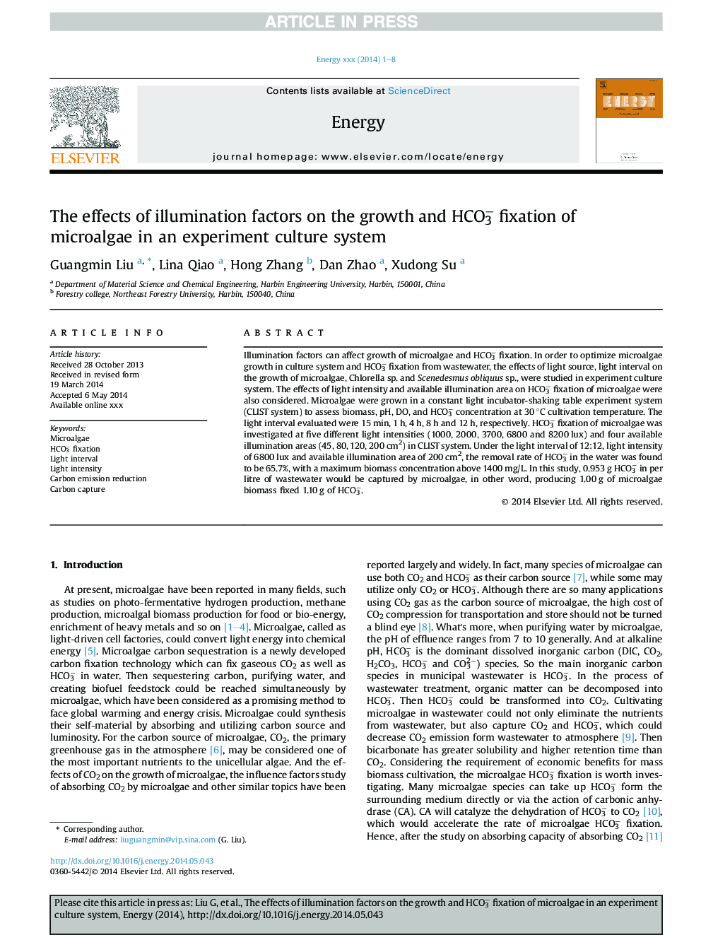 The effects of illumination factors on the growth and HCO3â fixation of microalgae in an experiment culture system