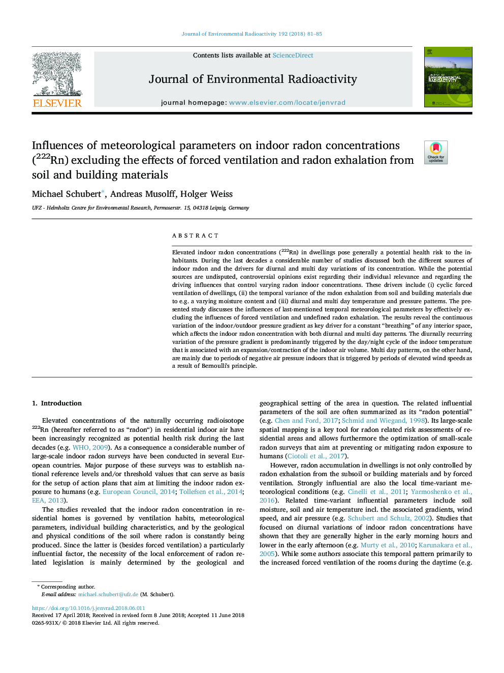 تأثیر پارامترهای هواشناسی بر غلظت های رادون داخلی (222 روپیه) به استثنای اثرات تهویه مجاز و استنشاق رادون از خاک و مصالح ساختمانی 