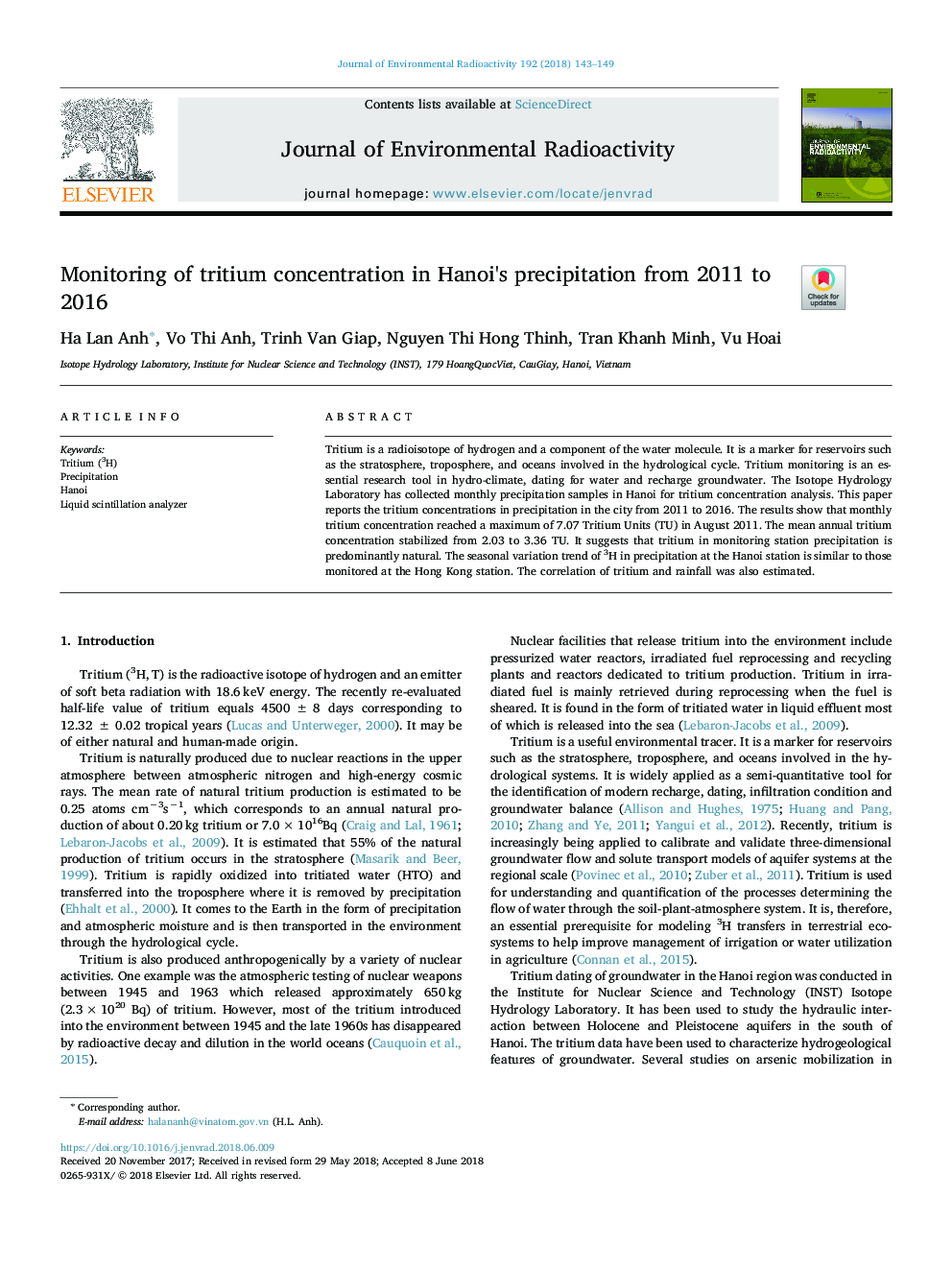 نظارت بر غلظت تریتیوم در بارش هانوی از سال 2011 تا 2016 