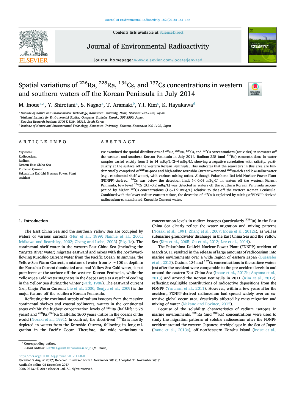 Spatial variations of 226Ra, 228Ra, 134Cs, and 137Cs concentrations in western and southern waters off the Korean Peninsula in July 2014