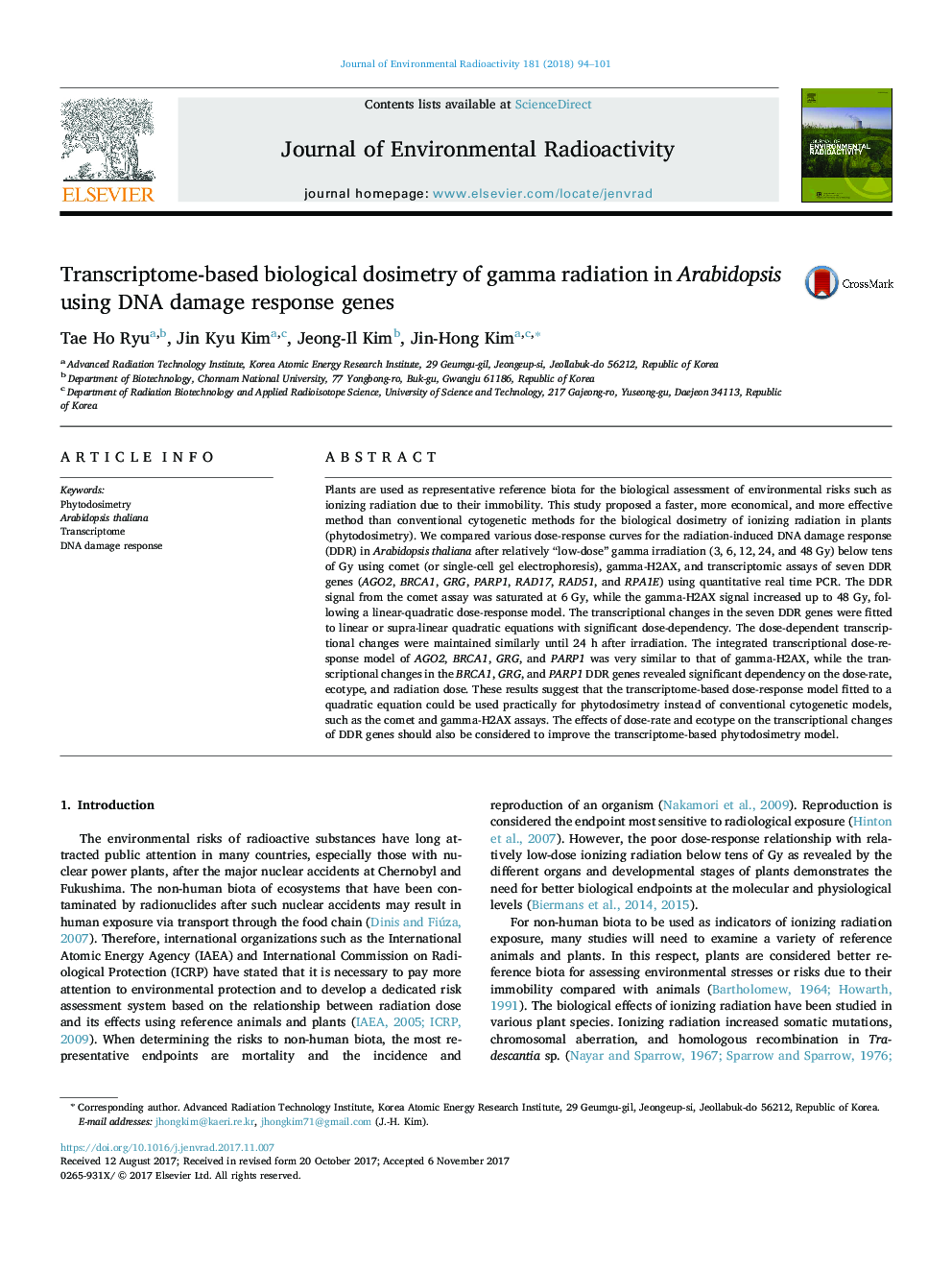 Transcriptome-based biological dosimetry of gamma radiation in Arabidopsis using DNA damage response genes