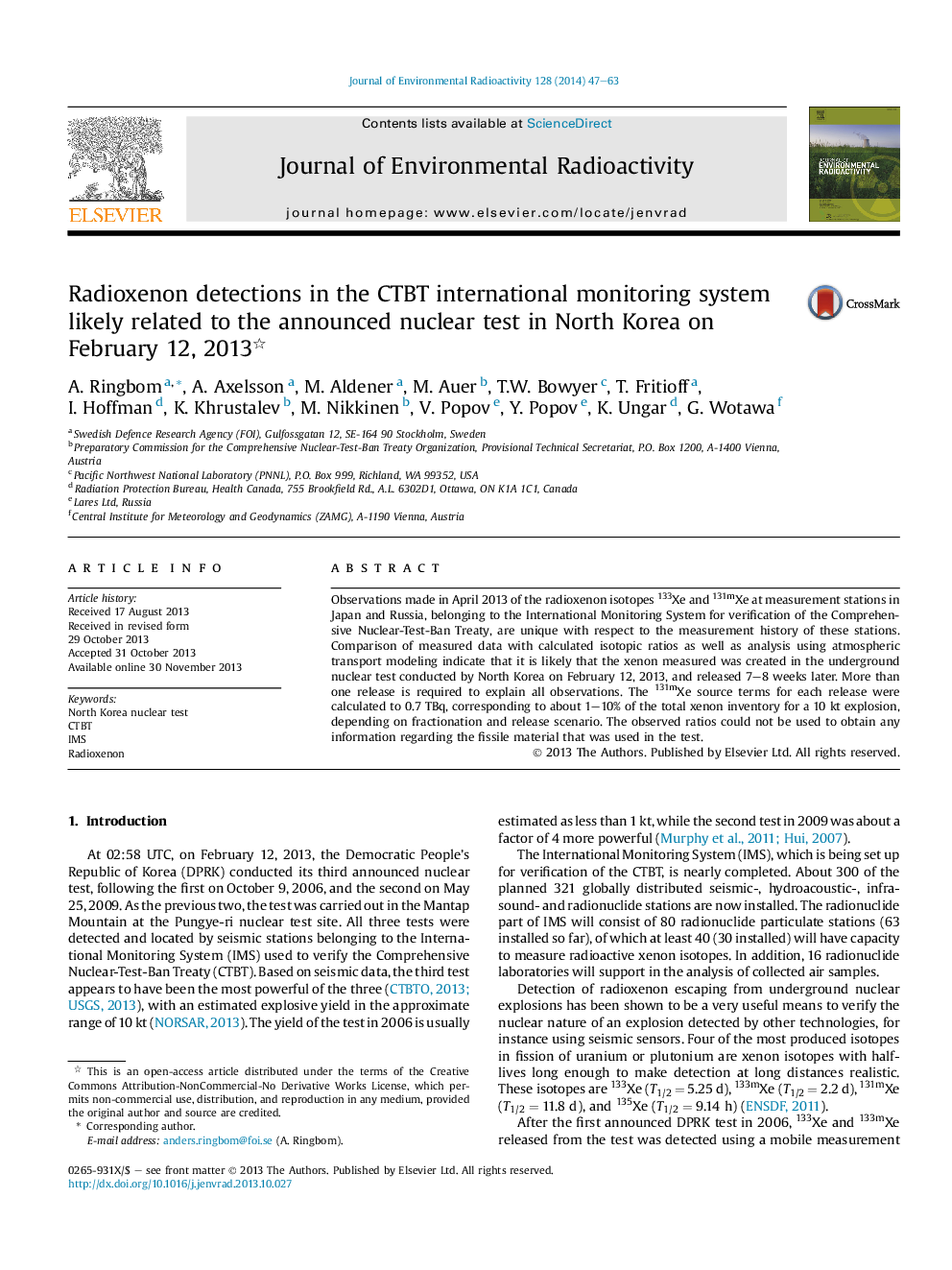 Radioxenon detections in the CTBT international monitoring system likely related to the announced nuclear test in North Korea on February 12, 2013