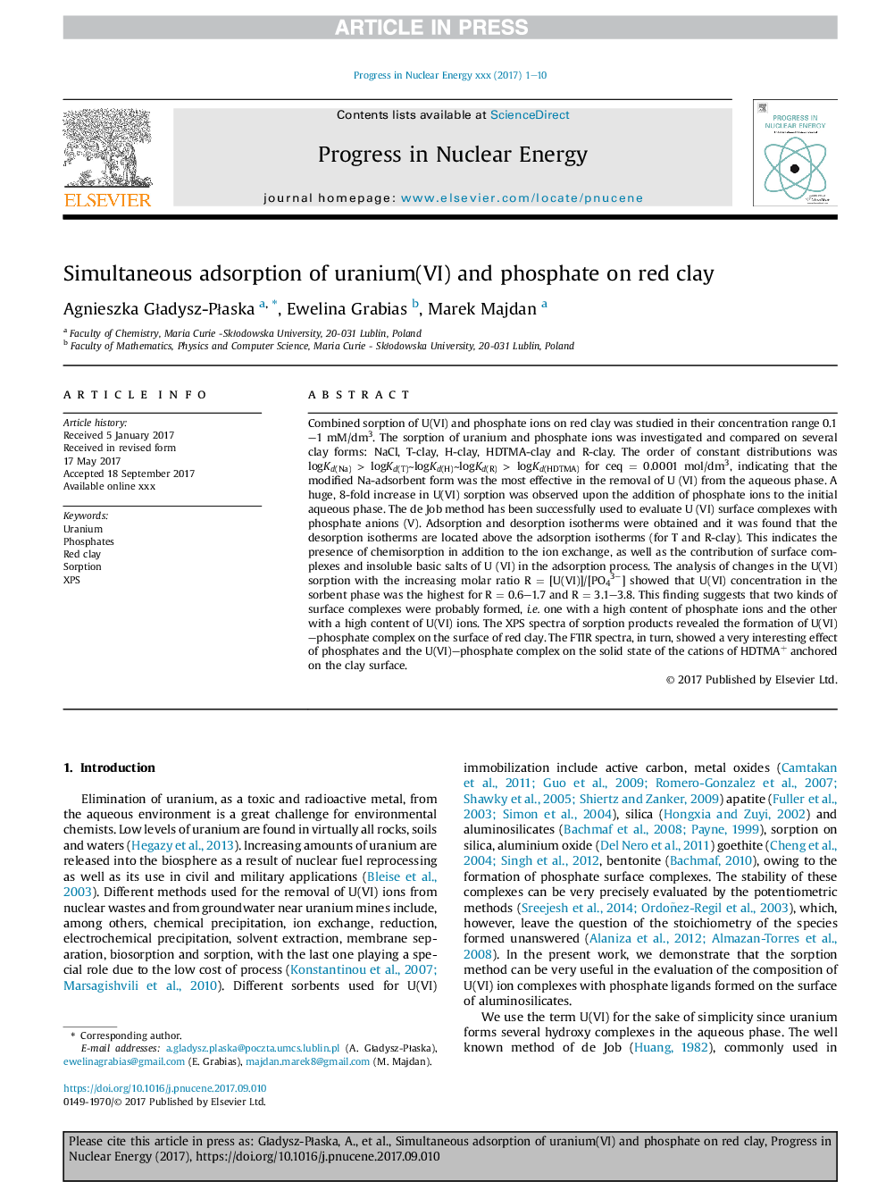 Simultaneous adsorption of uranium(VI) and phosphate on red clay