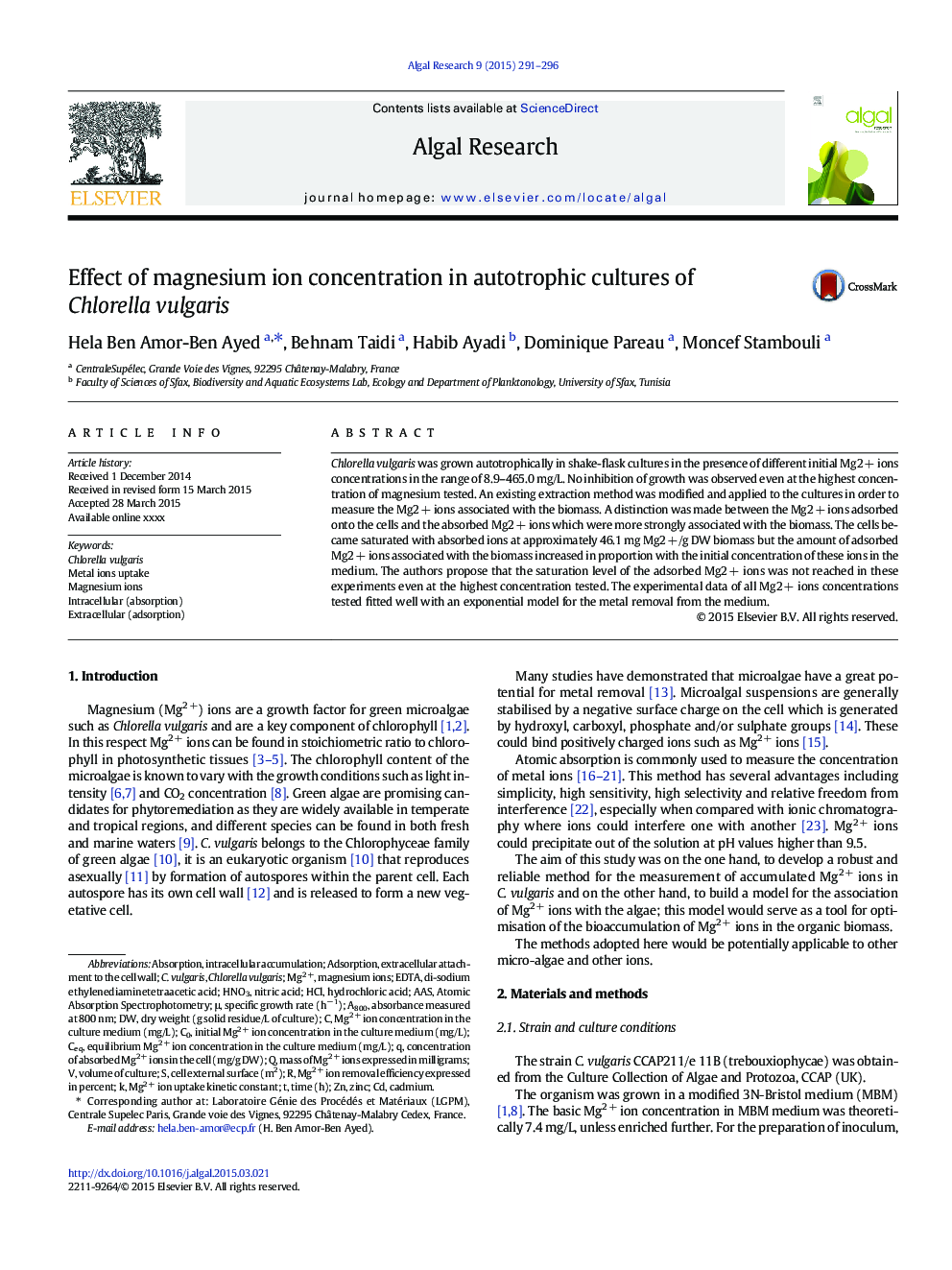 Effect of magnesium ion concentration in autotrophic cultures of Chlorella vulgaris