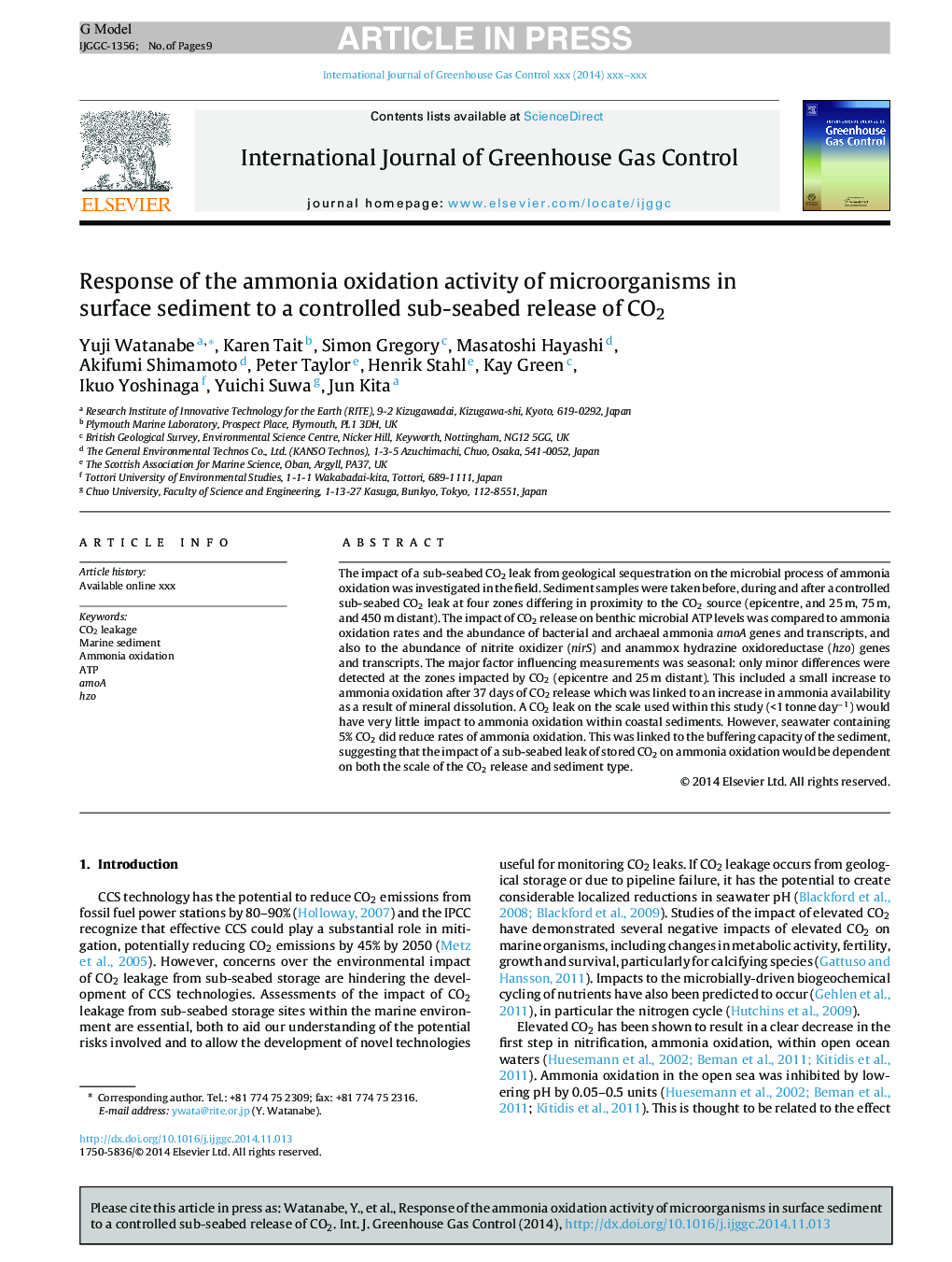 Response of the ammonia oxidation activity of microorganisms in surface sediment to a controlled sub-seabed release of CO2