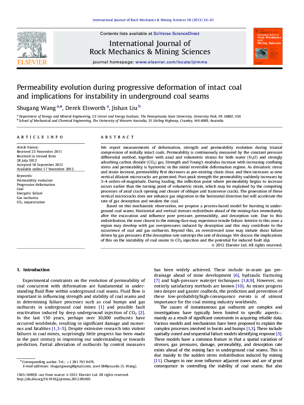 Permeability evolution during progressive deformation of intact coal and implications for instability in underground coal seams