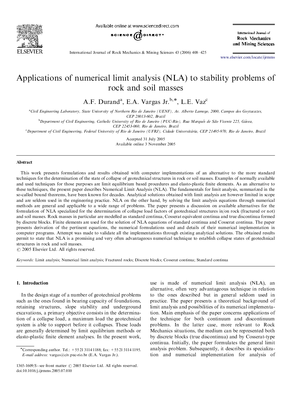 Applications of numerical limit analysis (NLA) to stability problems of rock and soil masses