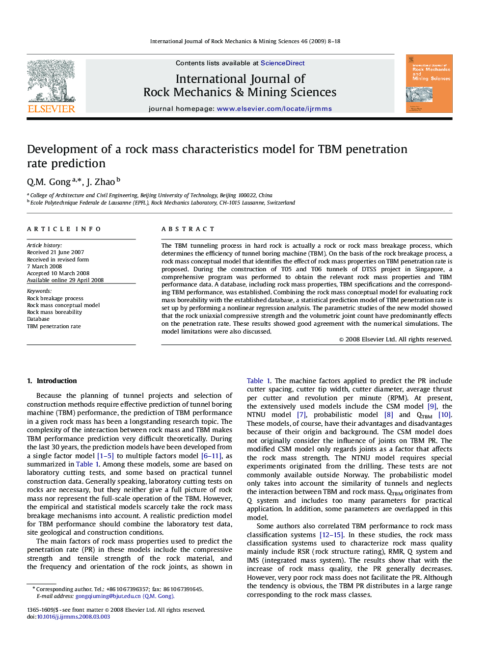 Development of a rock mass characteristics model for TBM penetration rate prediction