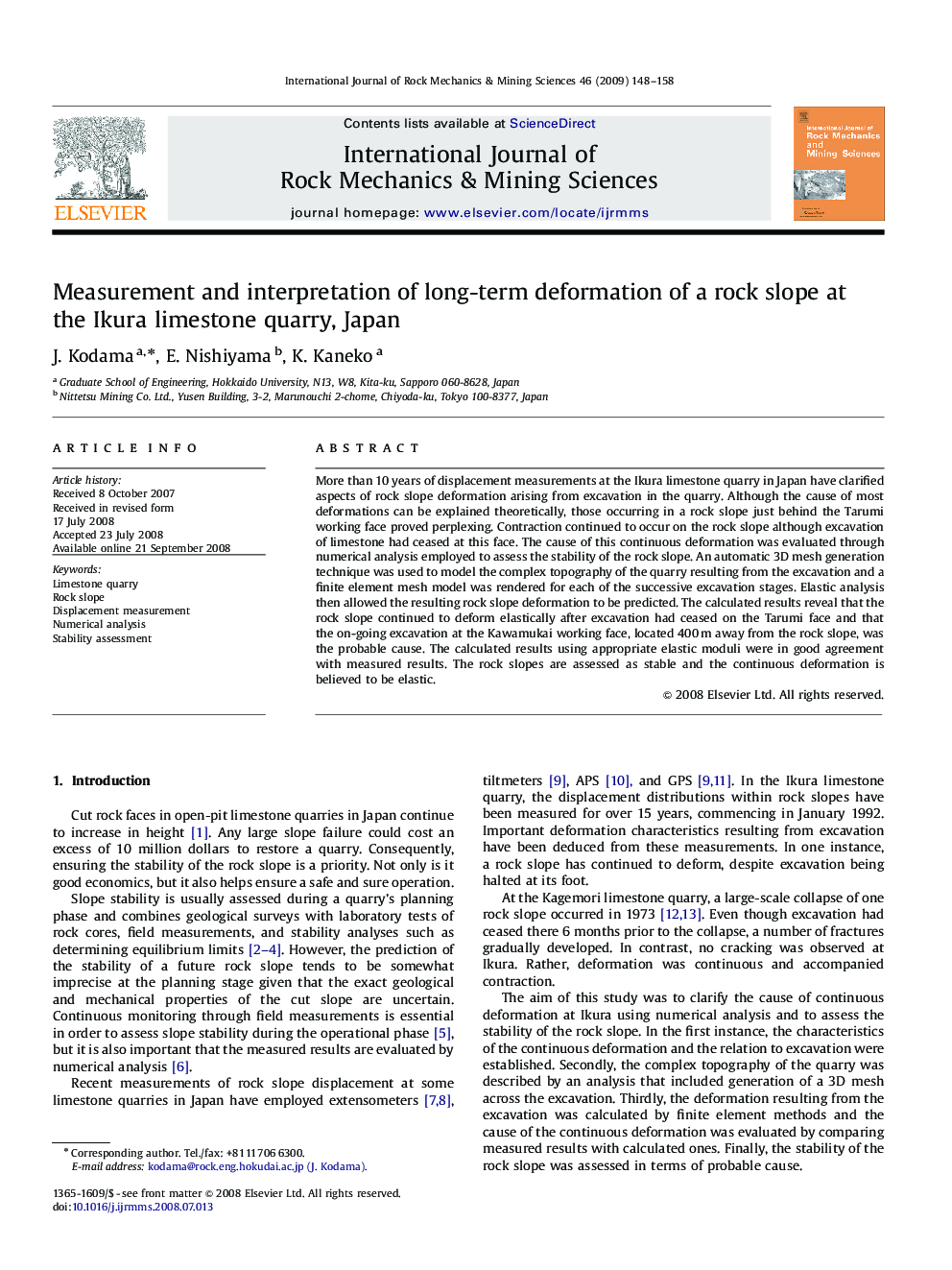 Measurement and interpretation of long-term deformation of a rock slope at the Ikura limestone quarry, Japan