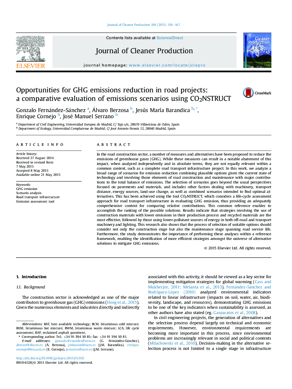 Opportunities for GHG emissions reduction in road projects: a comparative evaluation of emissions scenarios using CO2NSTRUCT
