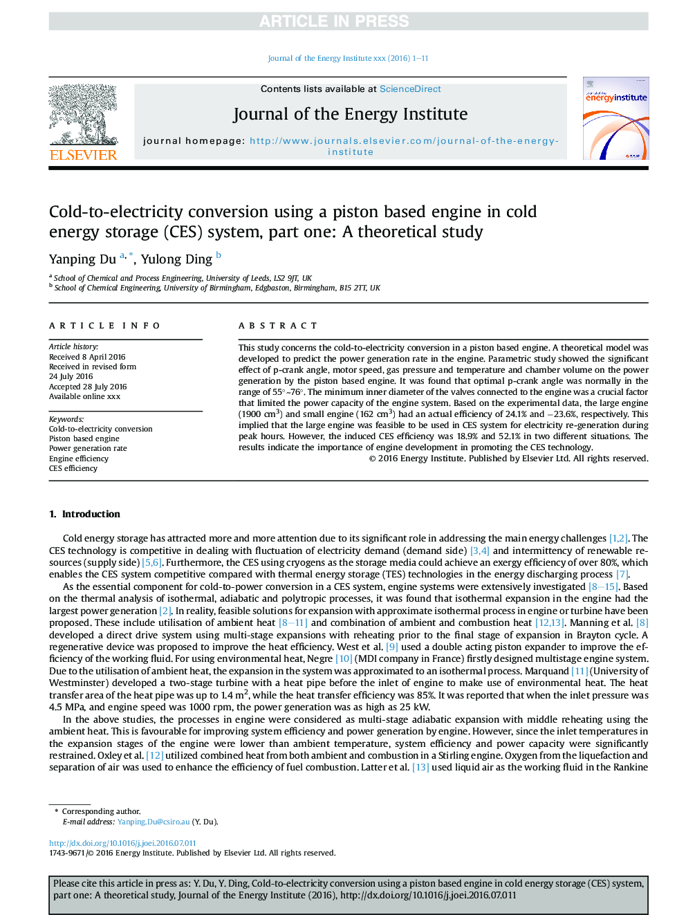 Cold-to-electricity conversion using a piston based engine in cold energy storage (CES) system, part one: A theoretical study