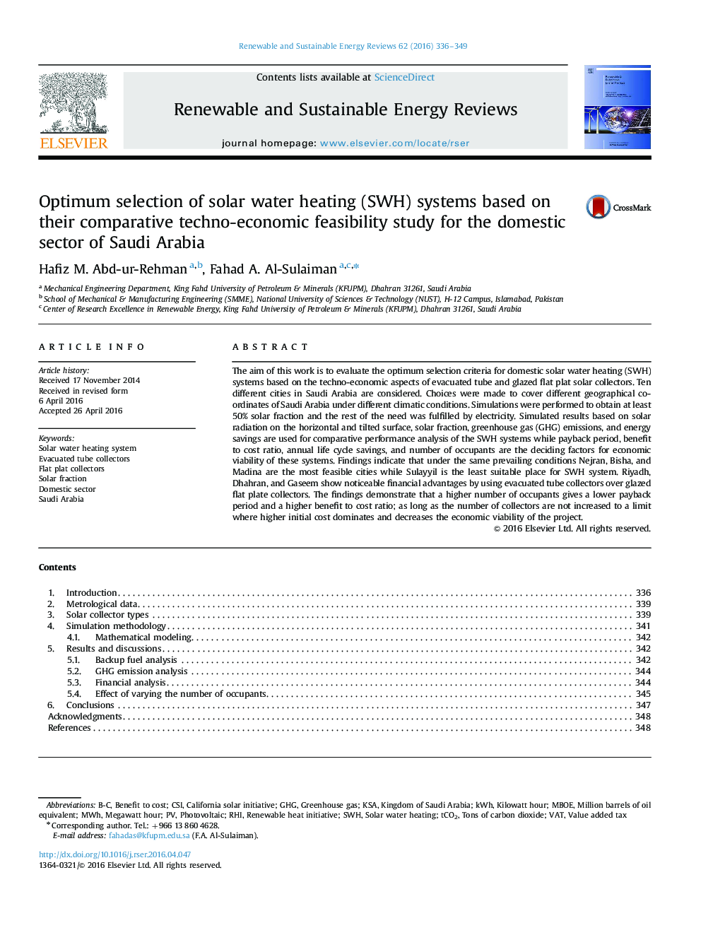 Optimum selection of solar water heating (SWH) systems based on their comparative techno-economic feasibility study for the domestic sector of Saudi Arabia