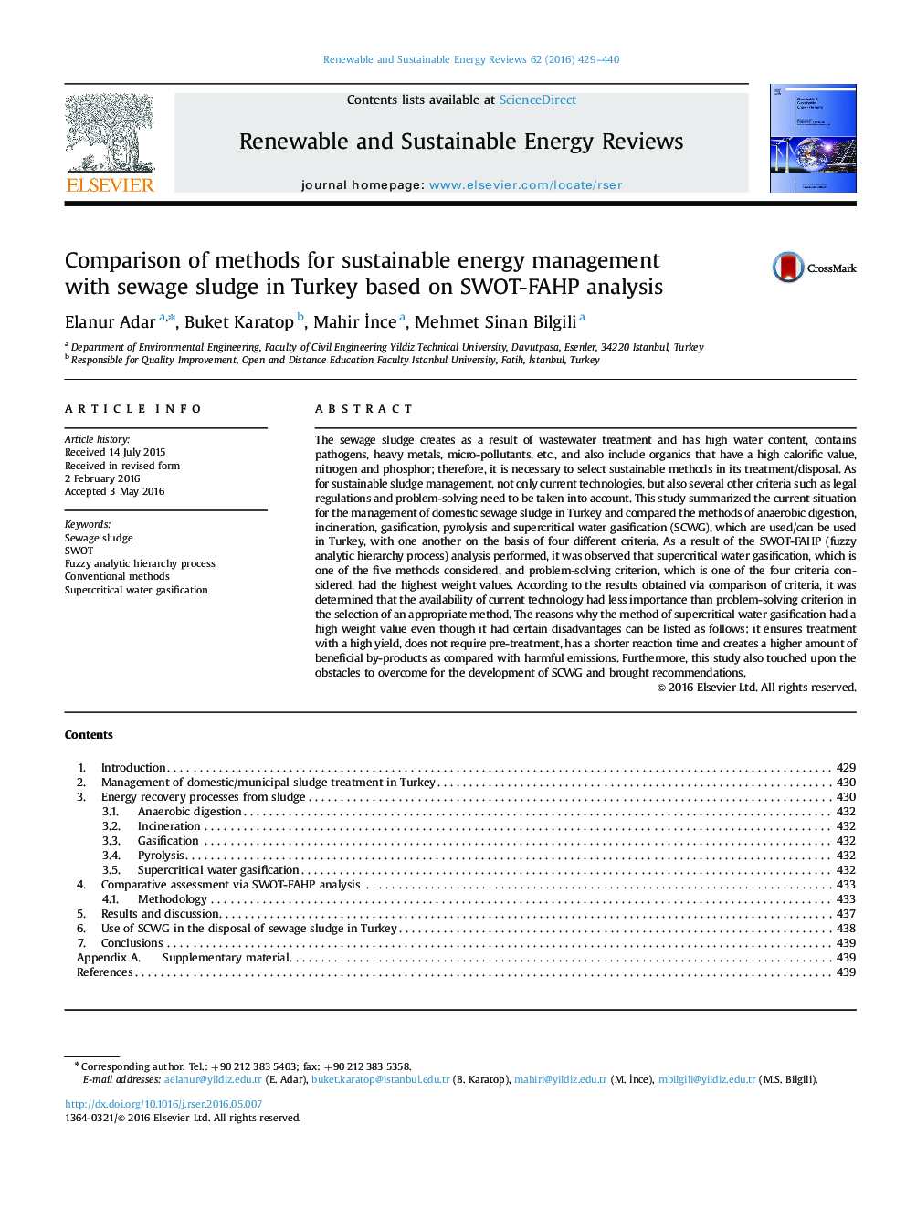 Comparison of methods for sustainable energy management with sewage sludge in Turkey based on SWOT-FAHP analysis