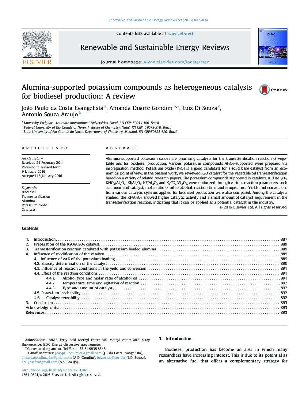 ترکیبات پتاسیم با آلومینا به عنوان کاتالیزورهای ناهمگن تولید بیودیزل: یک بررسی 