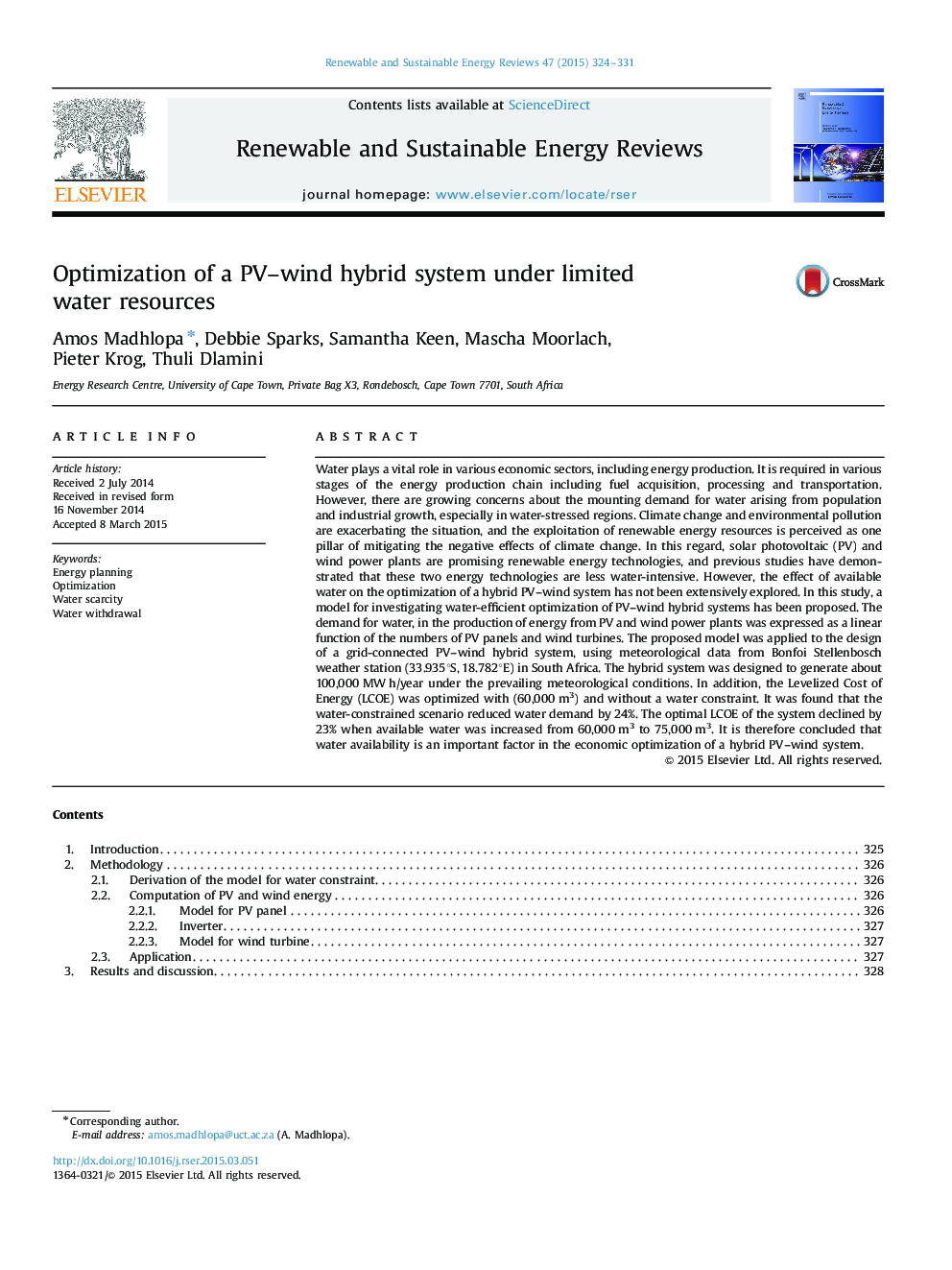 Optimization of a PV-wind hybrid system under limited water resources