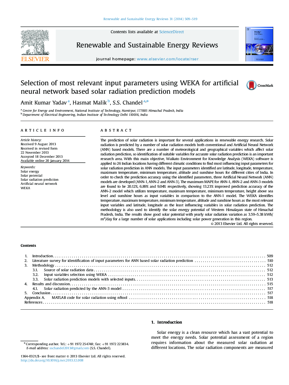 Selection of most relevant input parameters using WEKA for artificial neural network based solar radiation prediction models