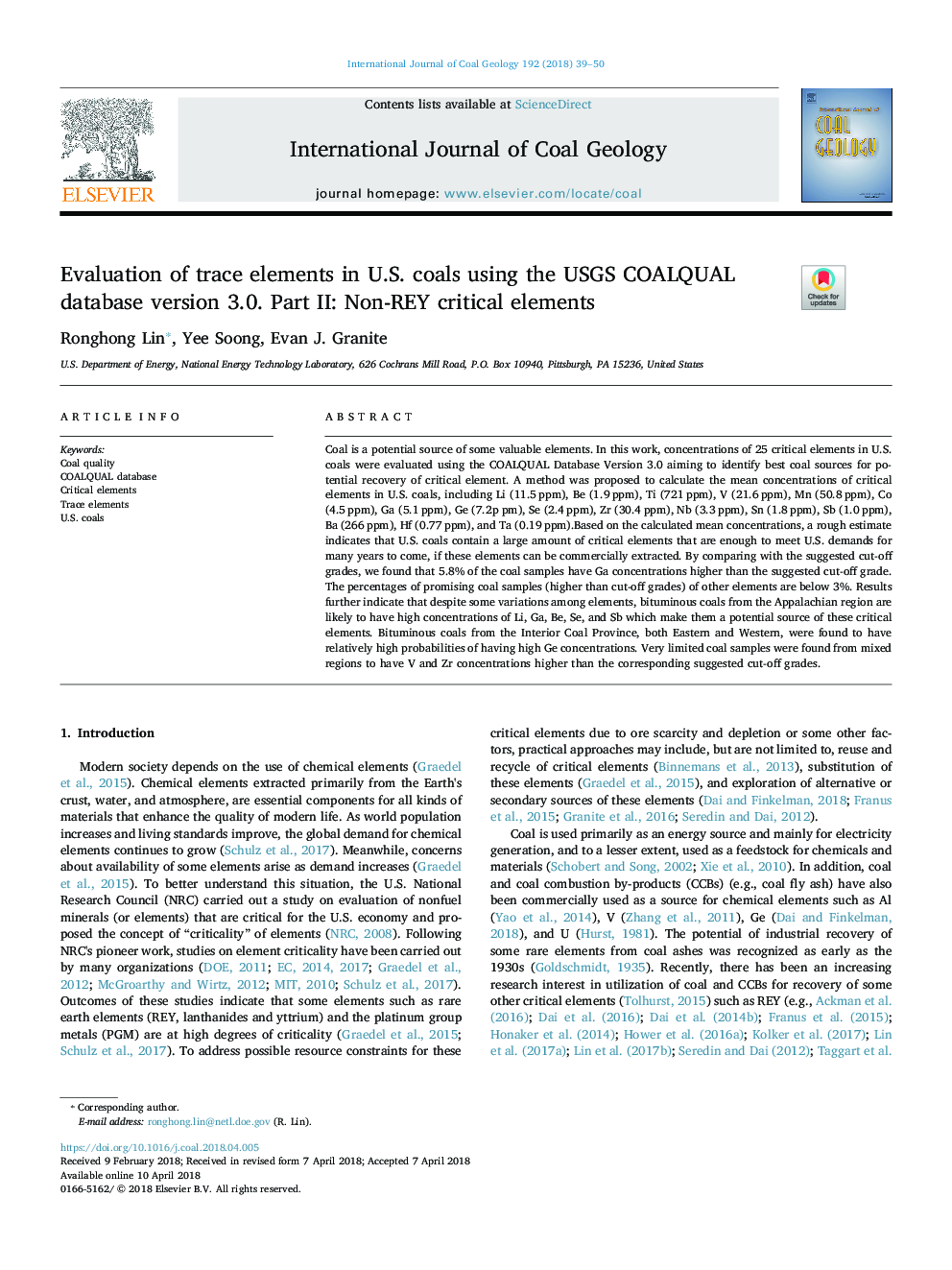 Evaluation of trace elements in U.S. coals using the USGS COALQUAL database version 3.0. Part II: Non-REY critical elements