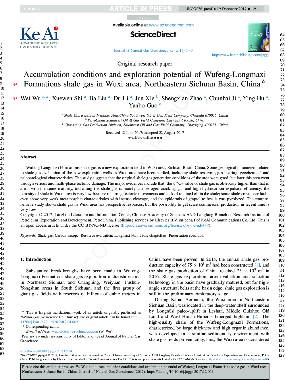Accumulation conditions and exploration potential of Wufeng-Longmaxi Formations shale gas in Wuxi area, Northeastern Sichuan Basin, China
