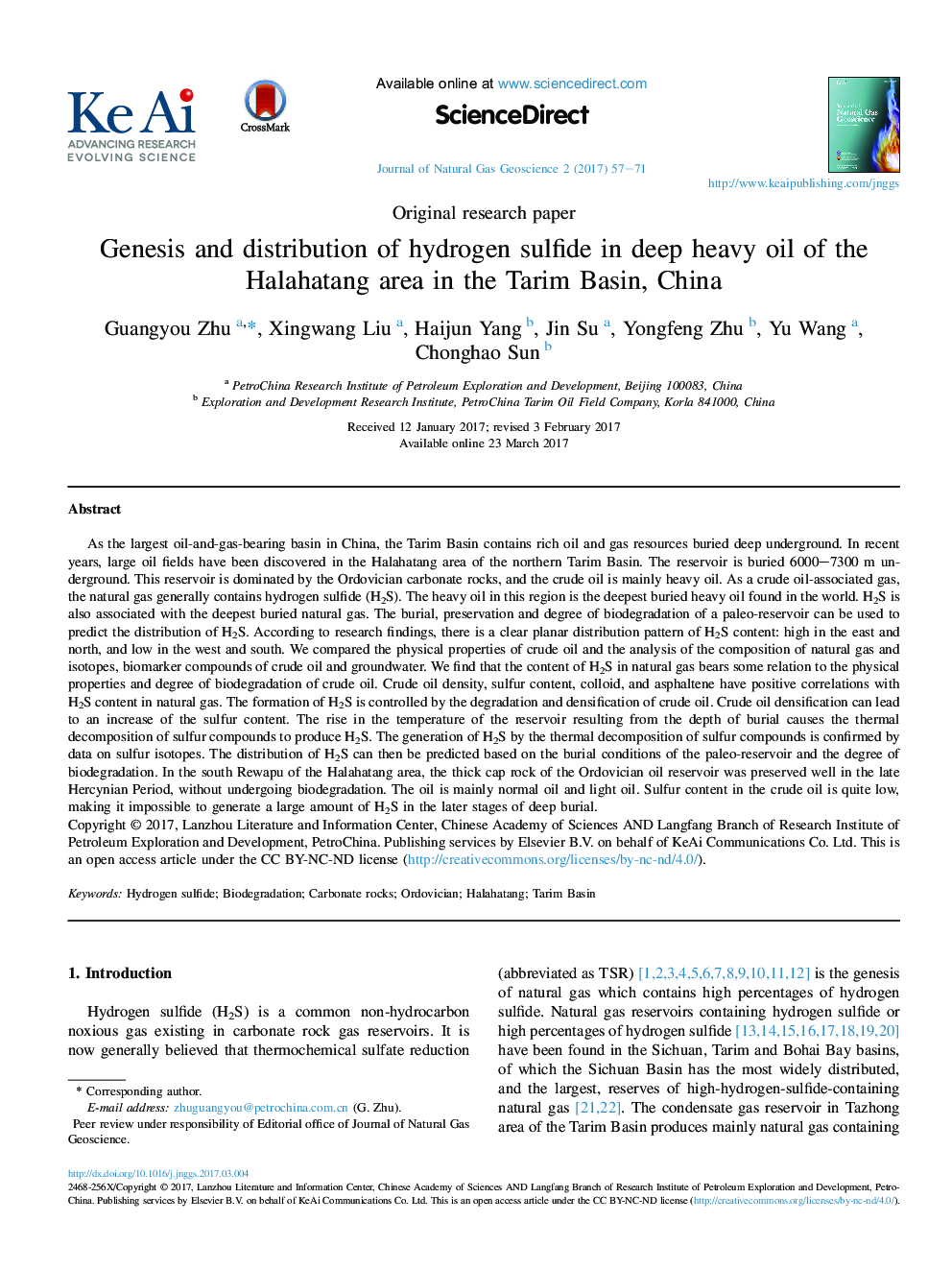 Genesis and distribution of hydrogen sulfide in deep heavy oil of the Halahatang area in the Tarim Basin, China