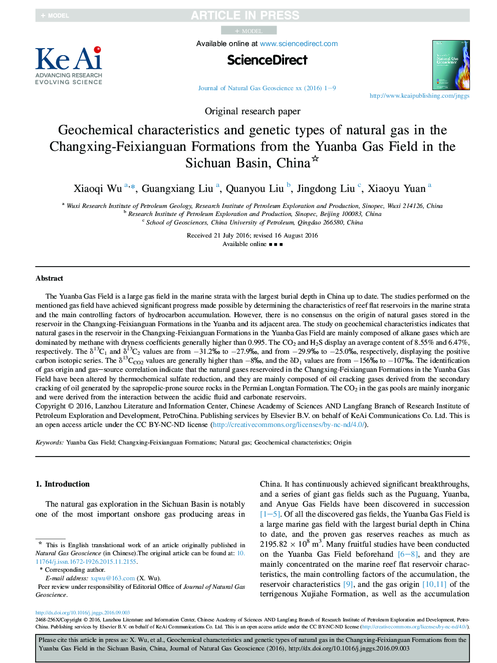 Geochemical characteristics and genetic types of natural gas in the Changxing-Feixianguan Formations from the Yuanba Gas Field in the Sichuan Basin, China