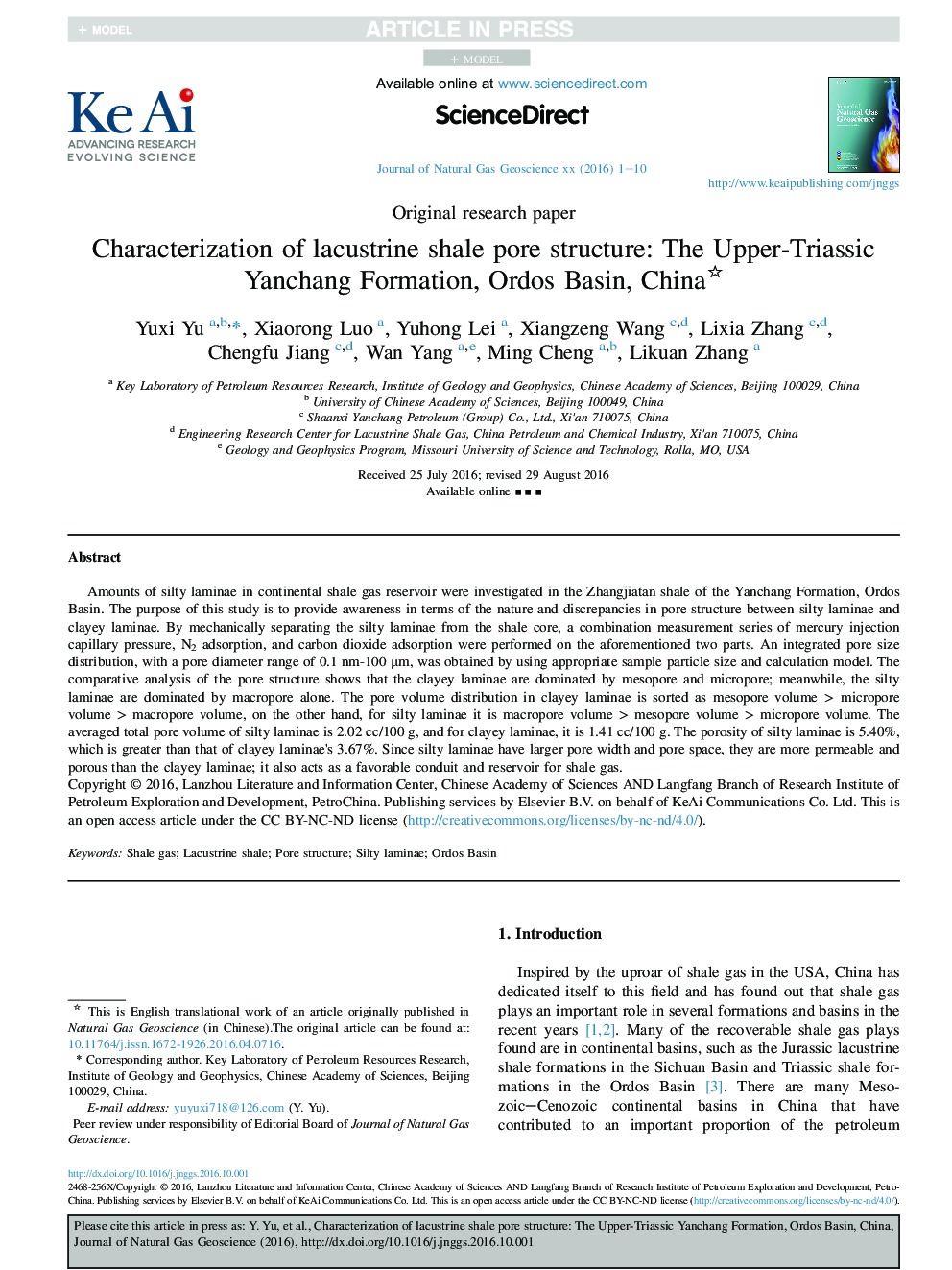 Characterization of lacustrine shale pore structure: The Upper-Triassic Yanchang Formation, Ordos Basin, China