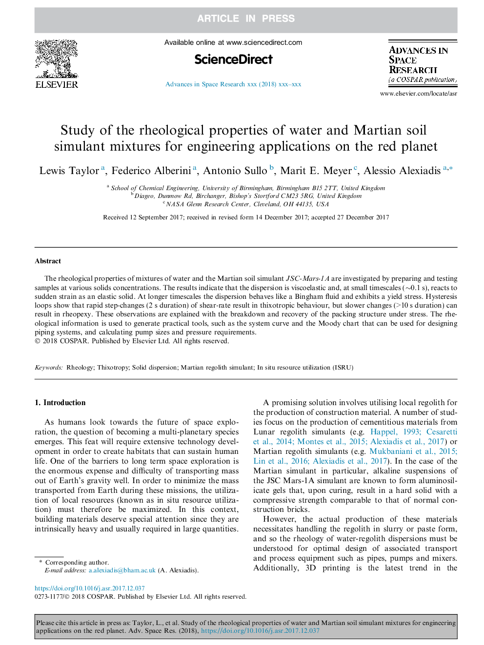 بررسی خواص رئولوژیکی آب و مخلوط های ترکیبی خاک مریخ برای برنامه های کاربردی مهندسی در سیاره قرمز 