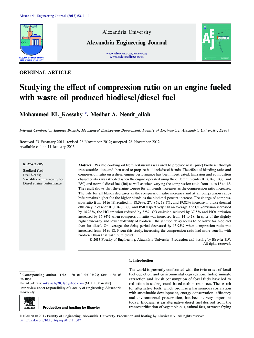 Studying the effect of compression ratio on an engine fueled with waste oil produced biodiesel/diesel fuel 