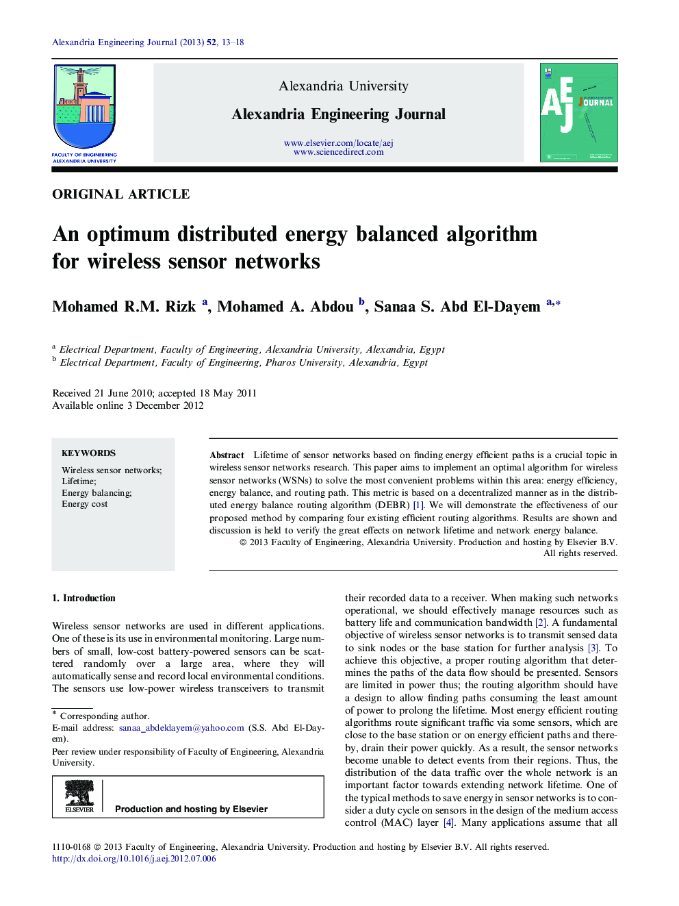 An optimum distributed energy balanced algorithm for wireless sensor networks 