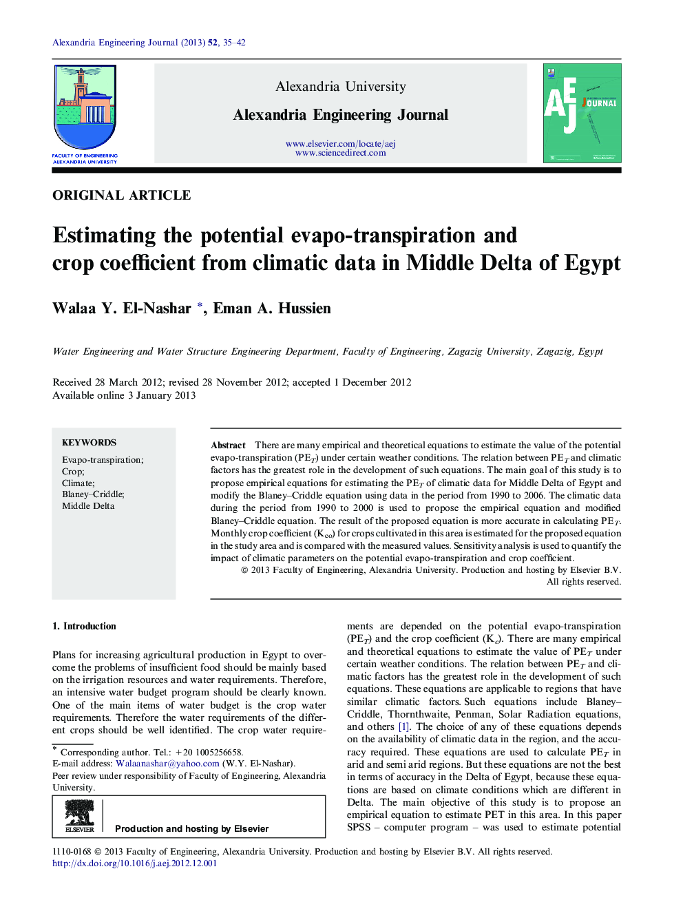 Estimating the potential evapo-transpiration and crop coefficient from climatic data in Middle Delta of Egypt 
