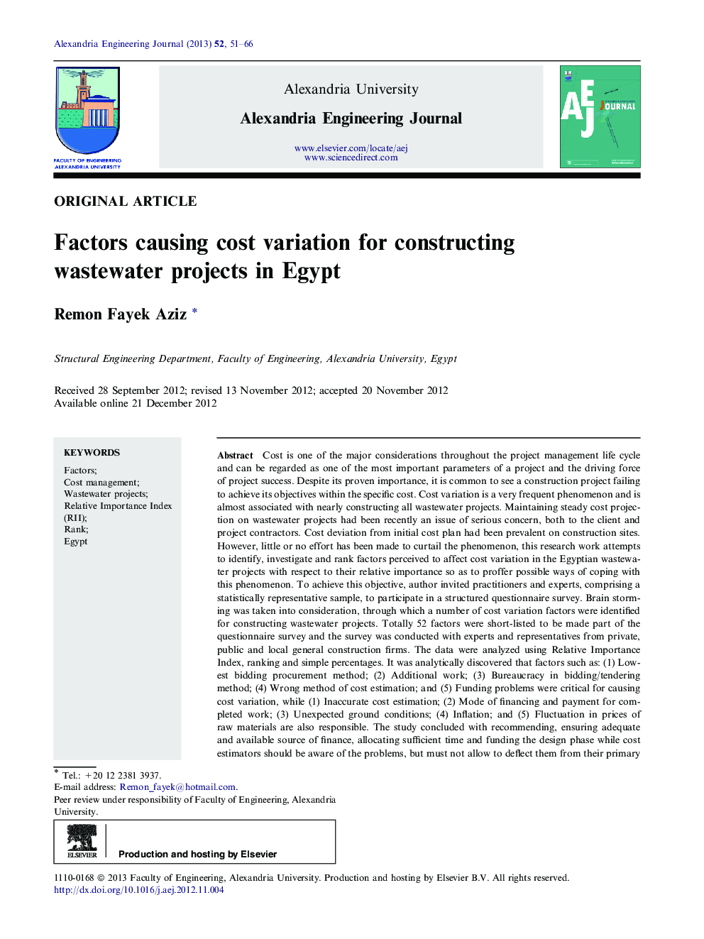 Factors causing cost variation for constructing wastewater projects in Egypt 