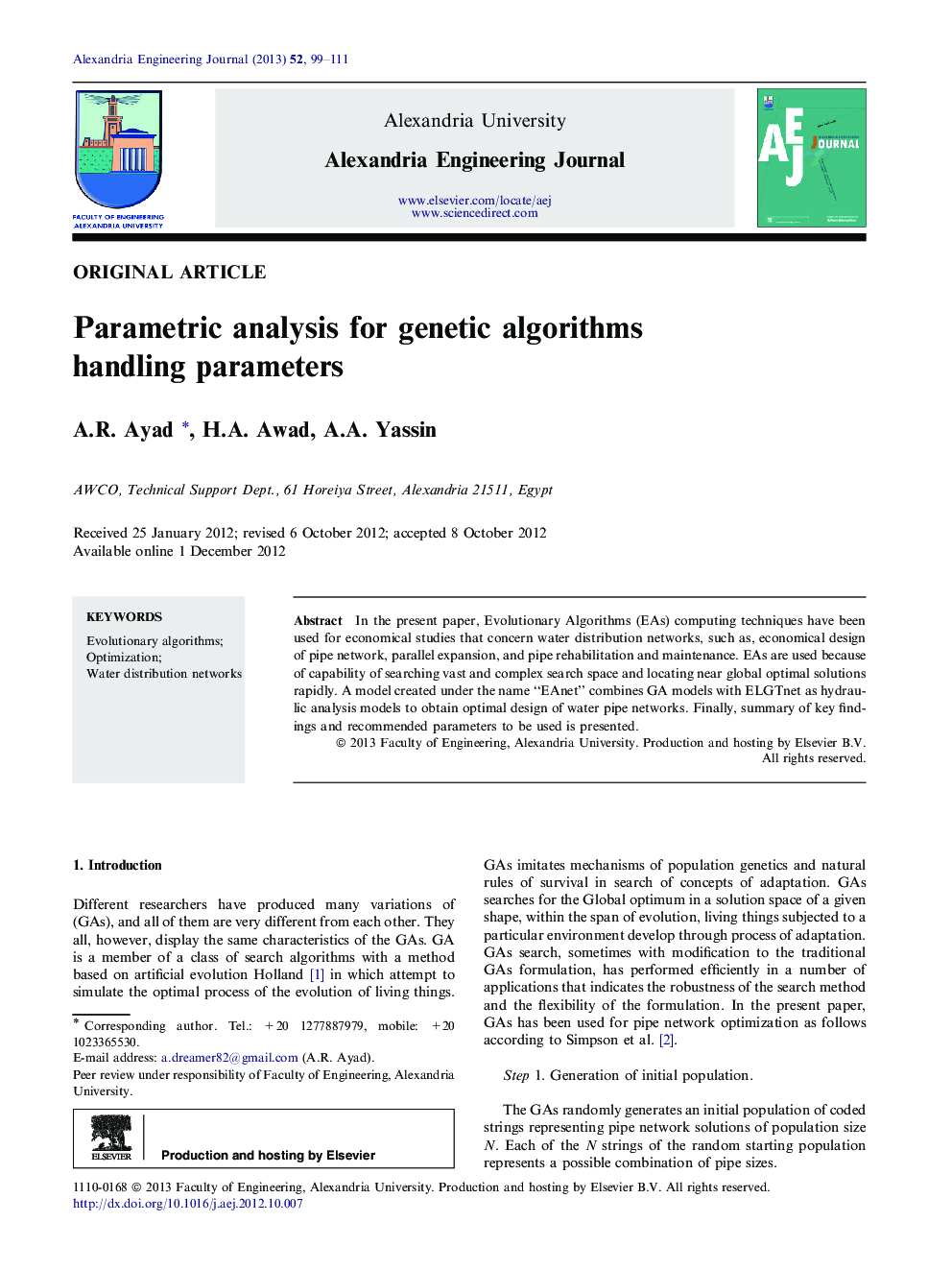 Parametric analysis for genetic algorithms handling parameters 