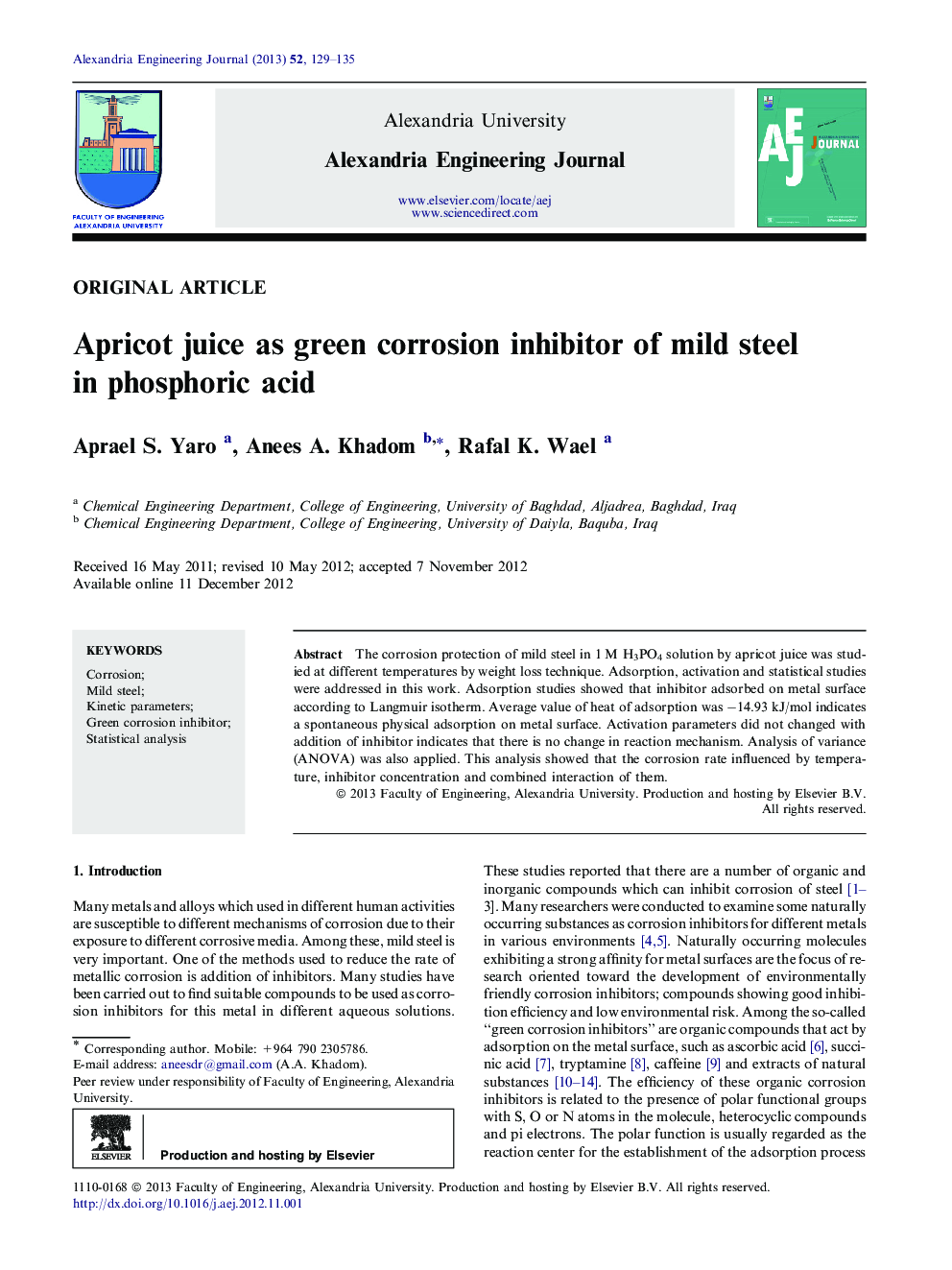 Apricot juice as green corrosion inhibitor of mild steel in phosphoric acid