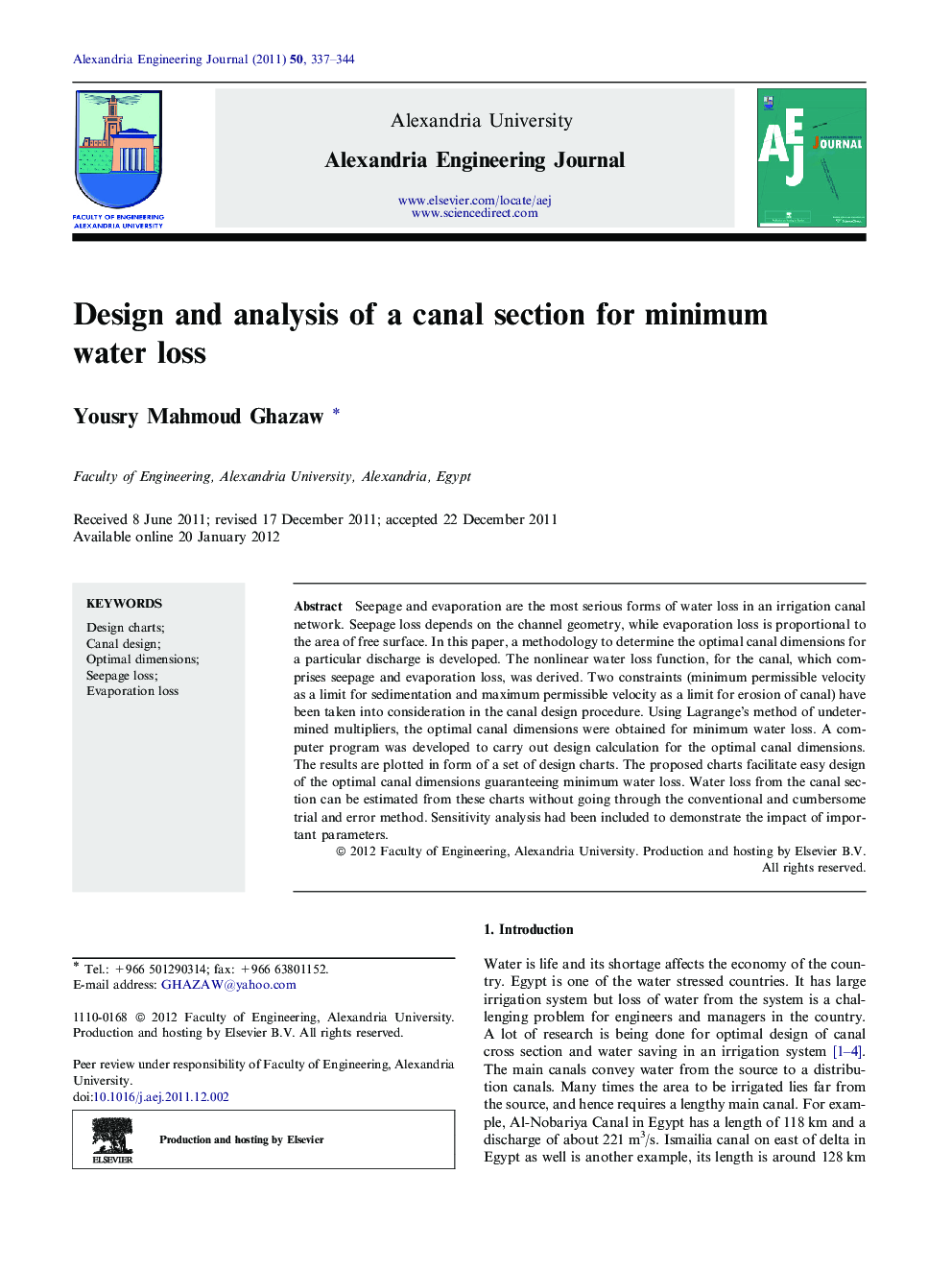Design and analysis of a canal section for minimum water loss