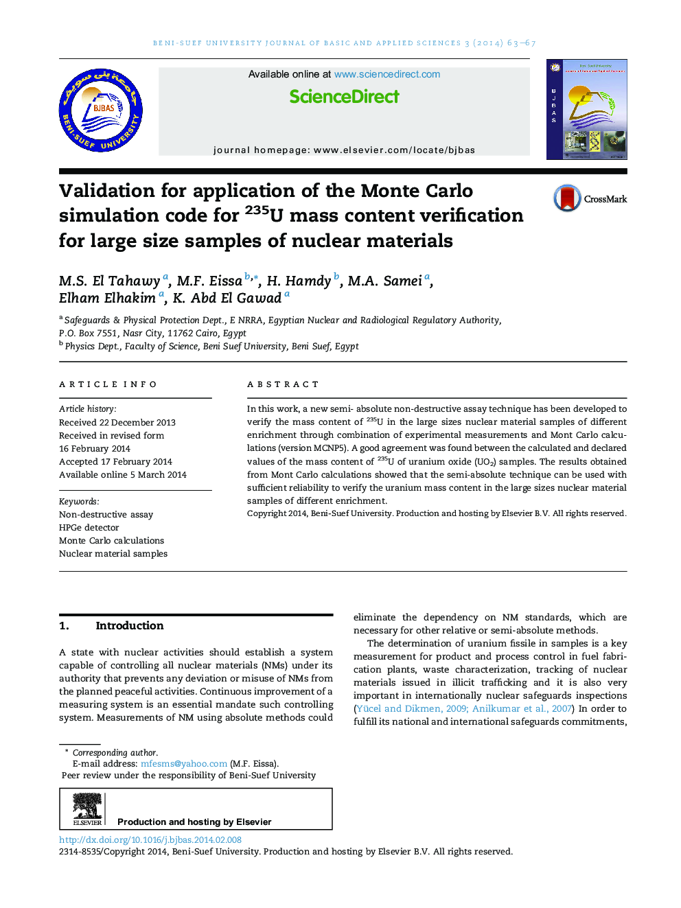 Validation for application of the Monte Carlo simulation code for 235U mass content verification for large size samples of nuclear materials 