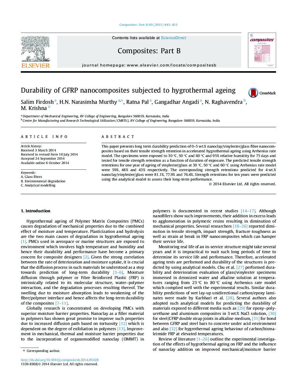 Durability of GFRP nanocomposites subjected to hygrothermal ageing