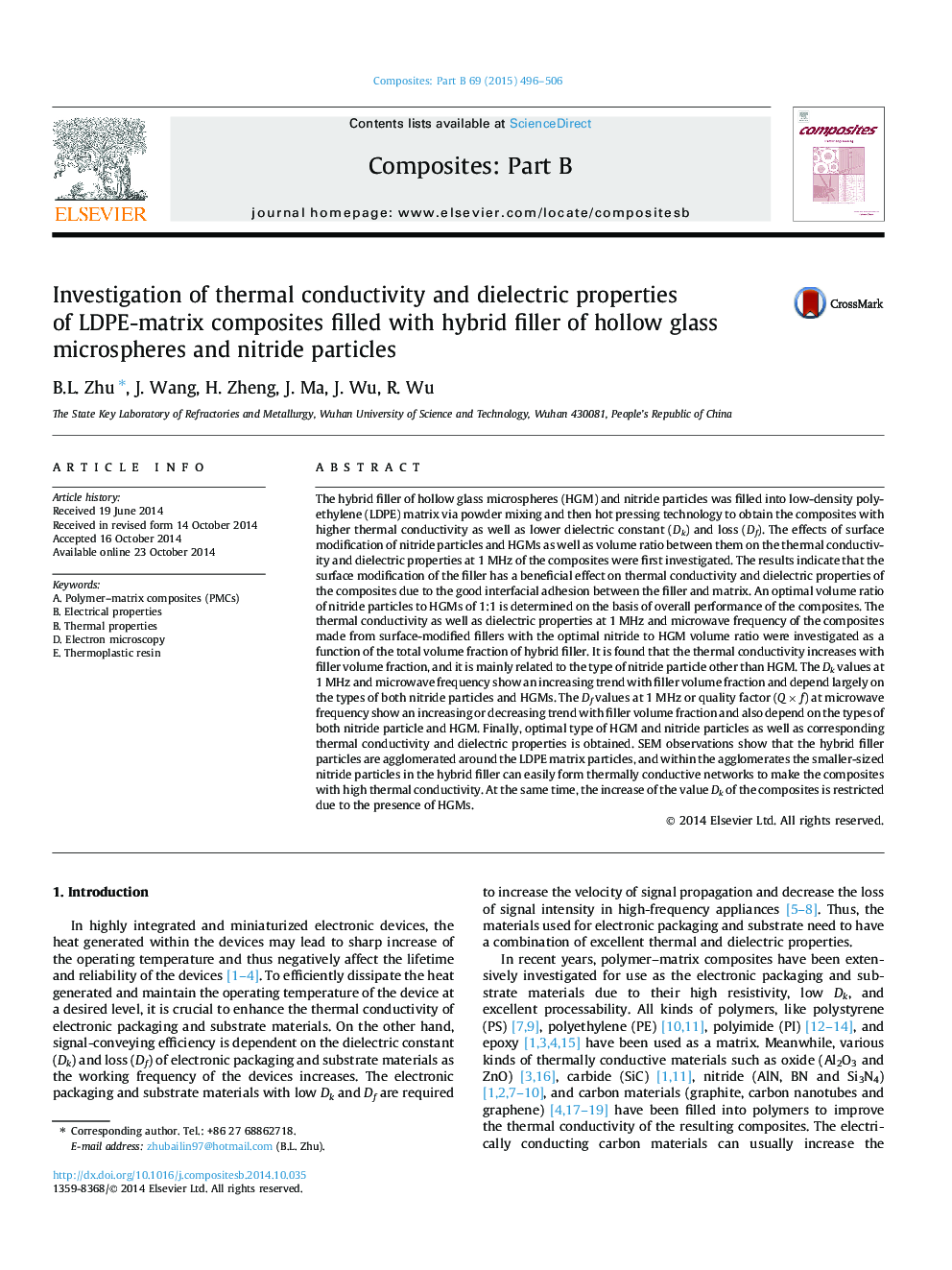 Investigation of thermal conductivity and dielectric properties of LDPE-matrix composites filled with hybrid filler of hollow glass microspheres and nitride particles