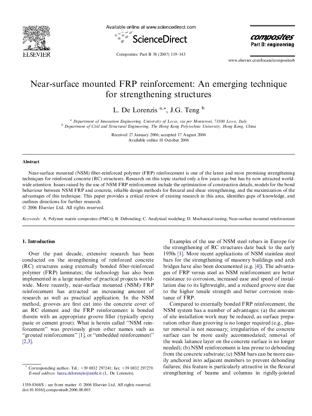 Near-surface mounted FRP reinforcement: An emerging technique for strengthening structures