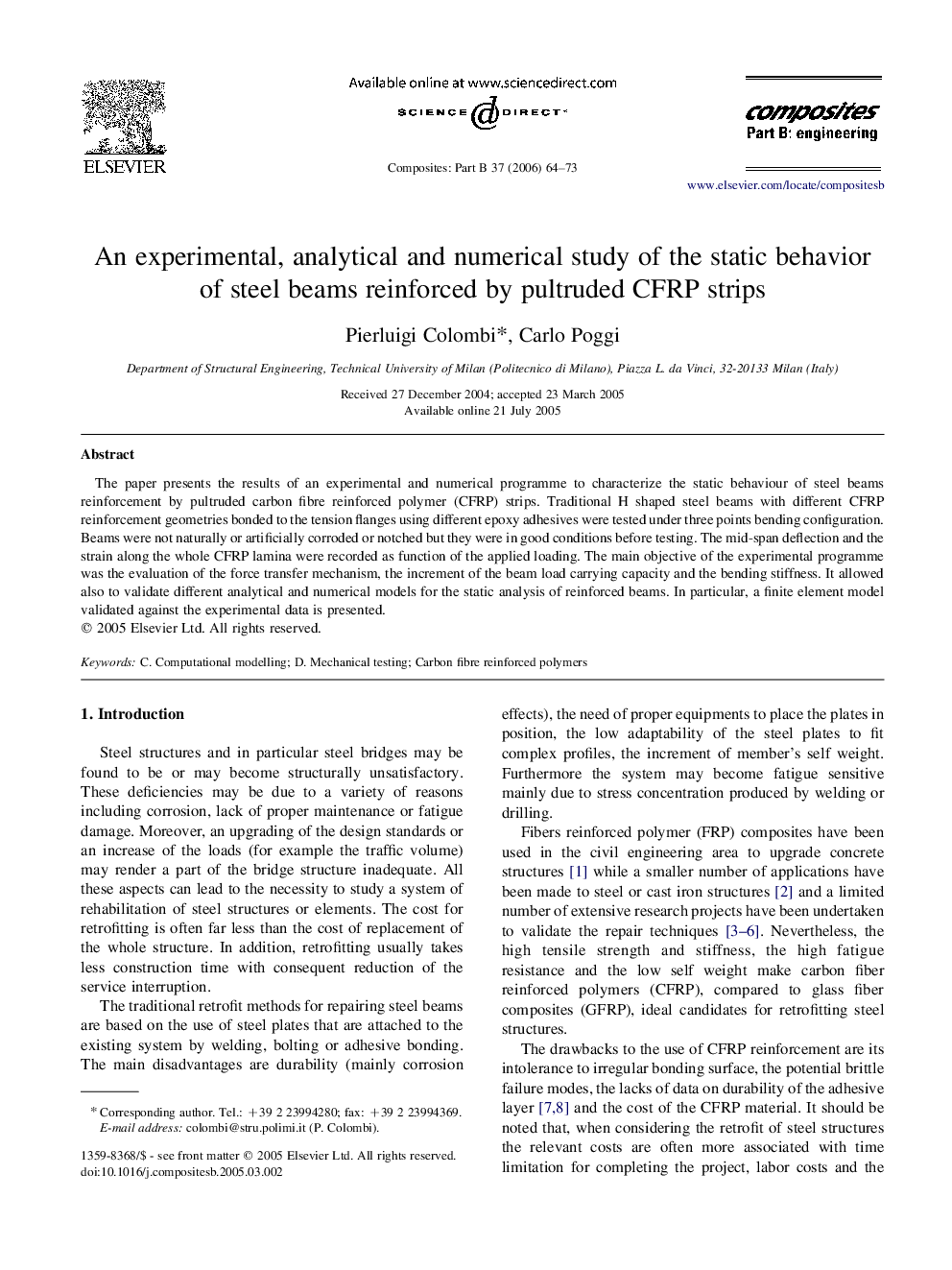 An experimental, analytical and numerical study of the static behavior of steel beams reinforced by pultruded CFRP strips