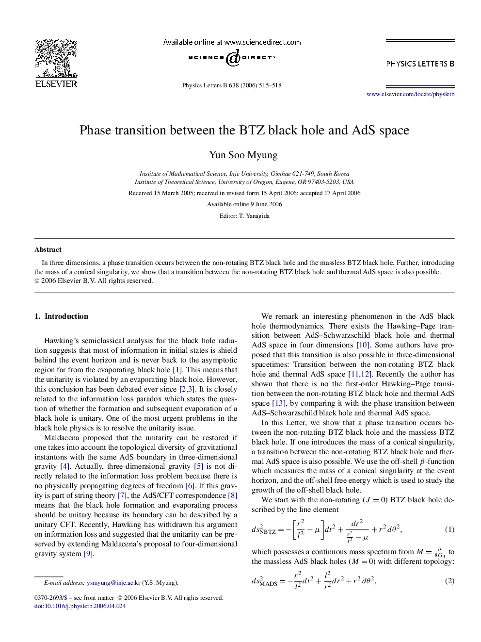 Phase transition between the BTZ black hole and AdS space