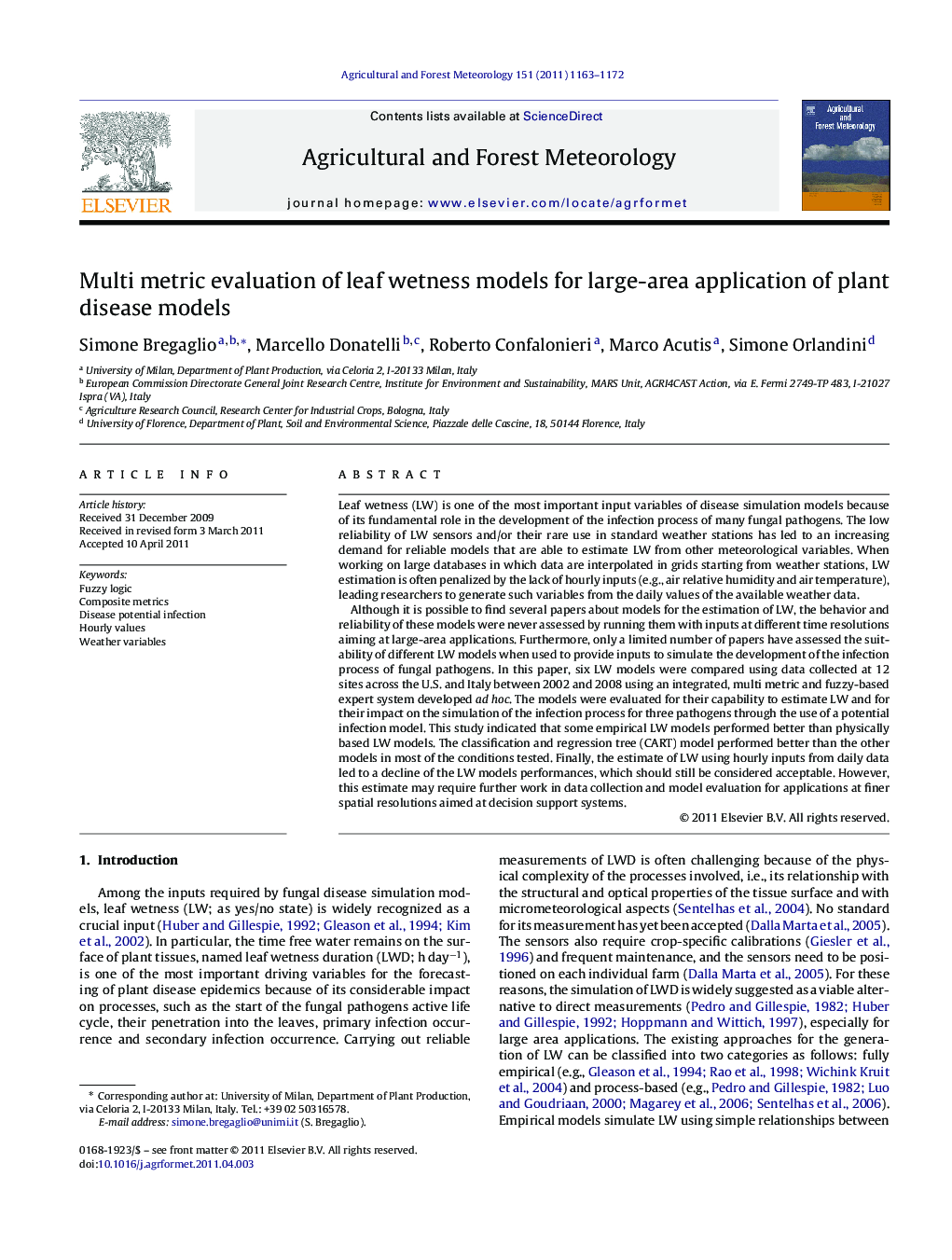 Multi metric evaluation of leaf wetness models for large-area application of plant disease models