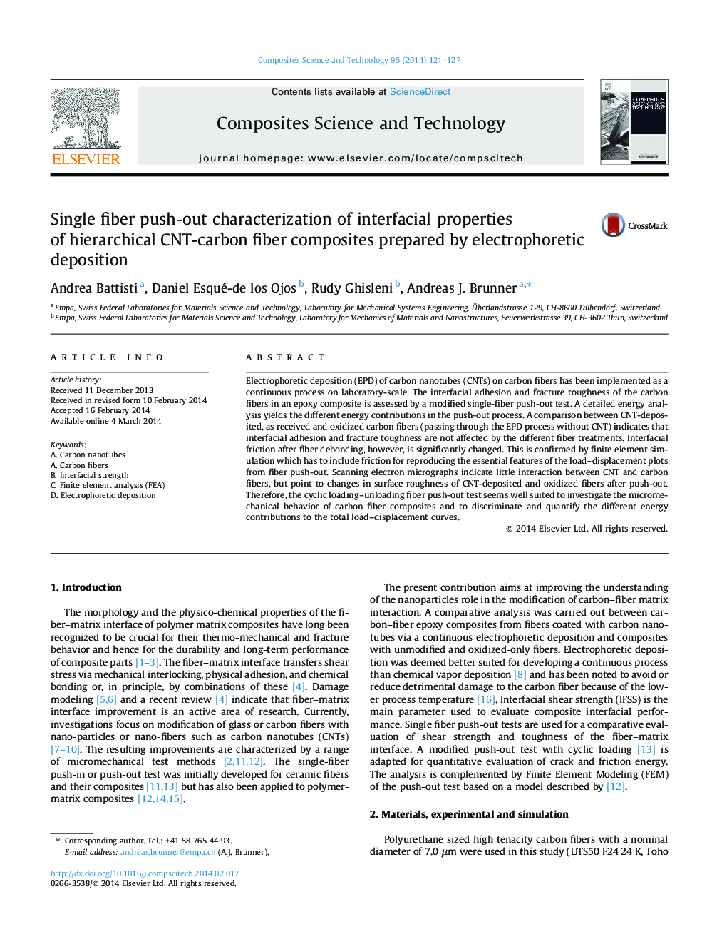 Single fiber push-out characterization of interfacial properties of hierarchical CNT-carbon fiber composites prepared by electrophoretic deposition